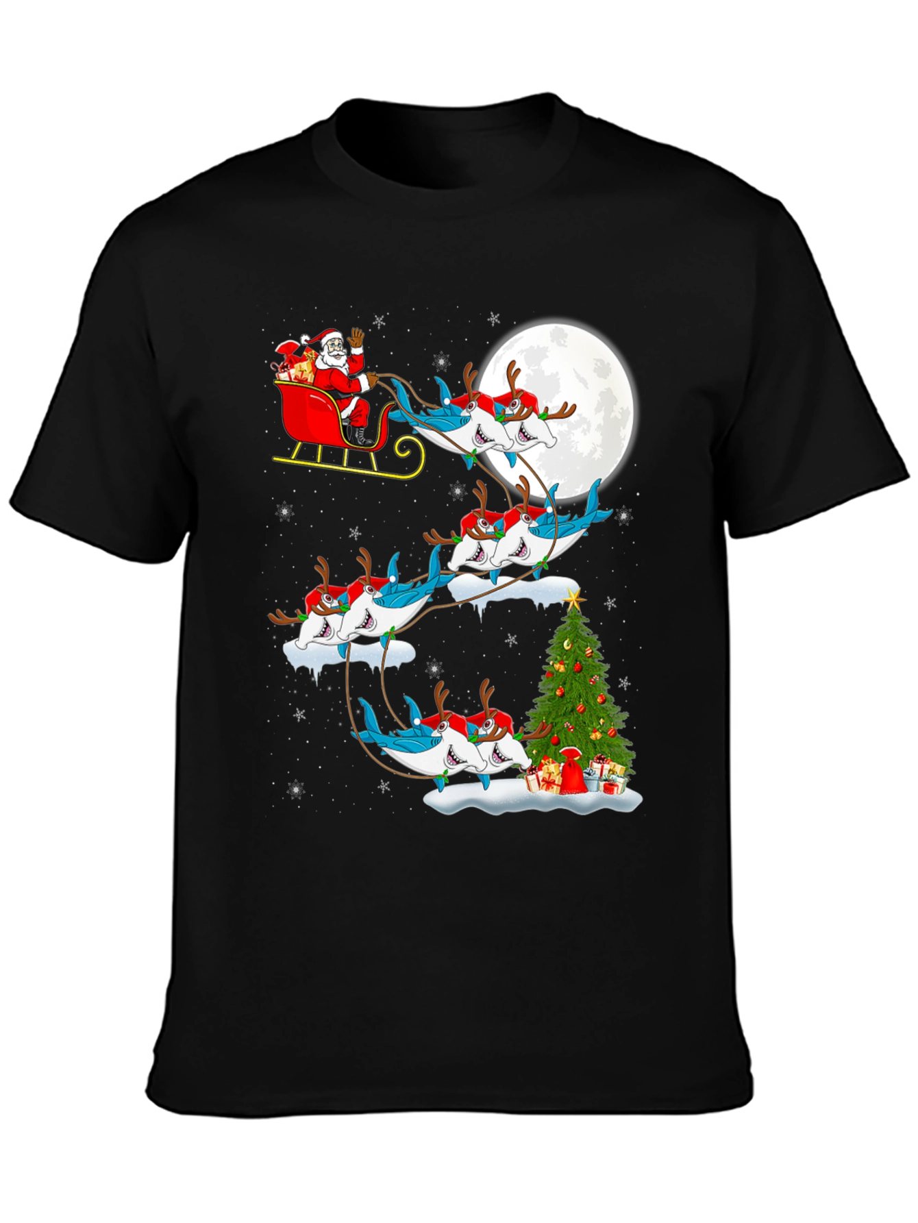 Shark Santa Sleigh Christmas Tee