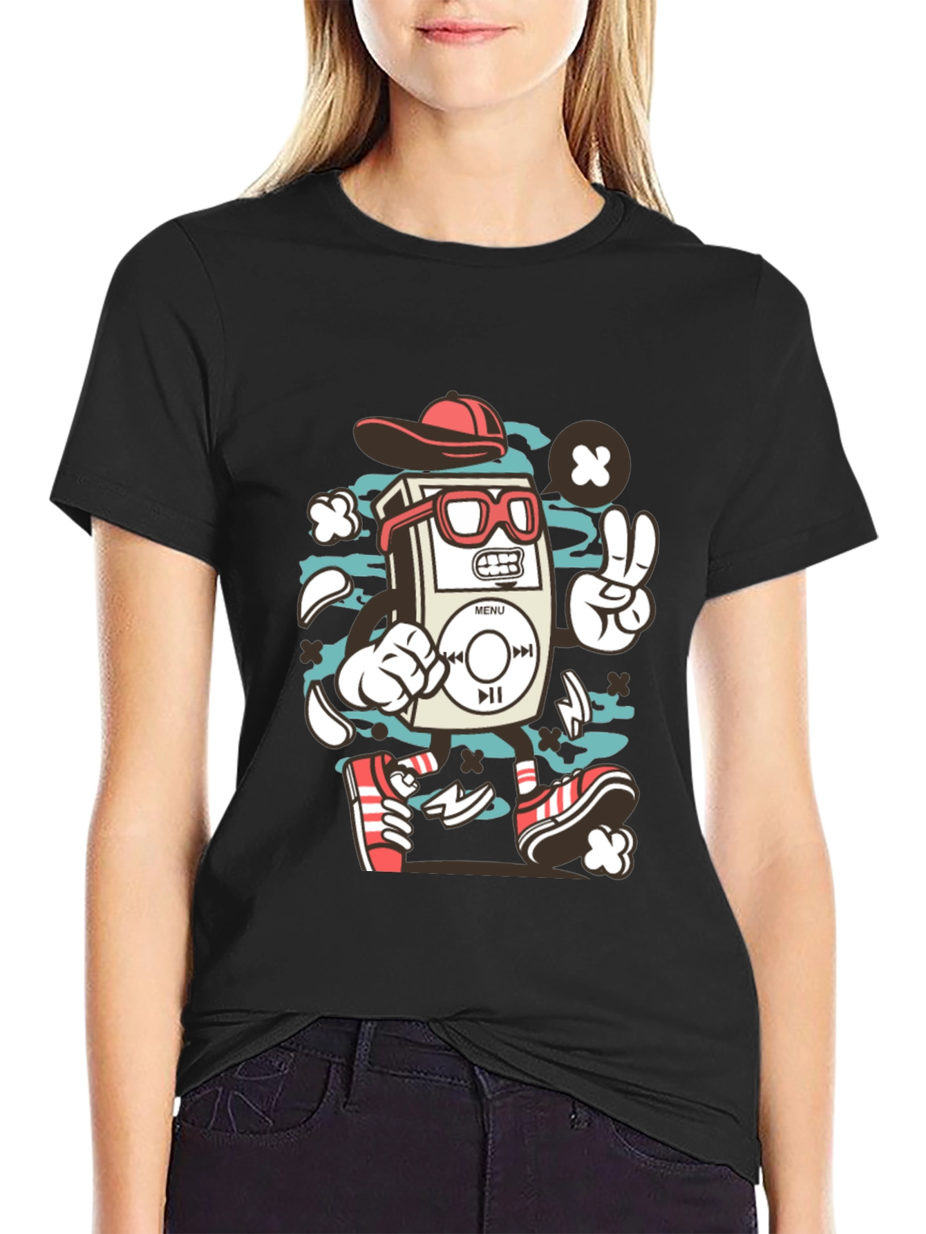 Retro Cartoon Music Player Black T-Shirt