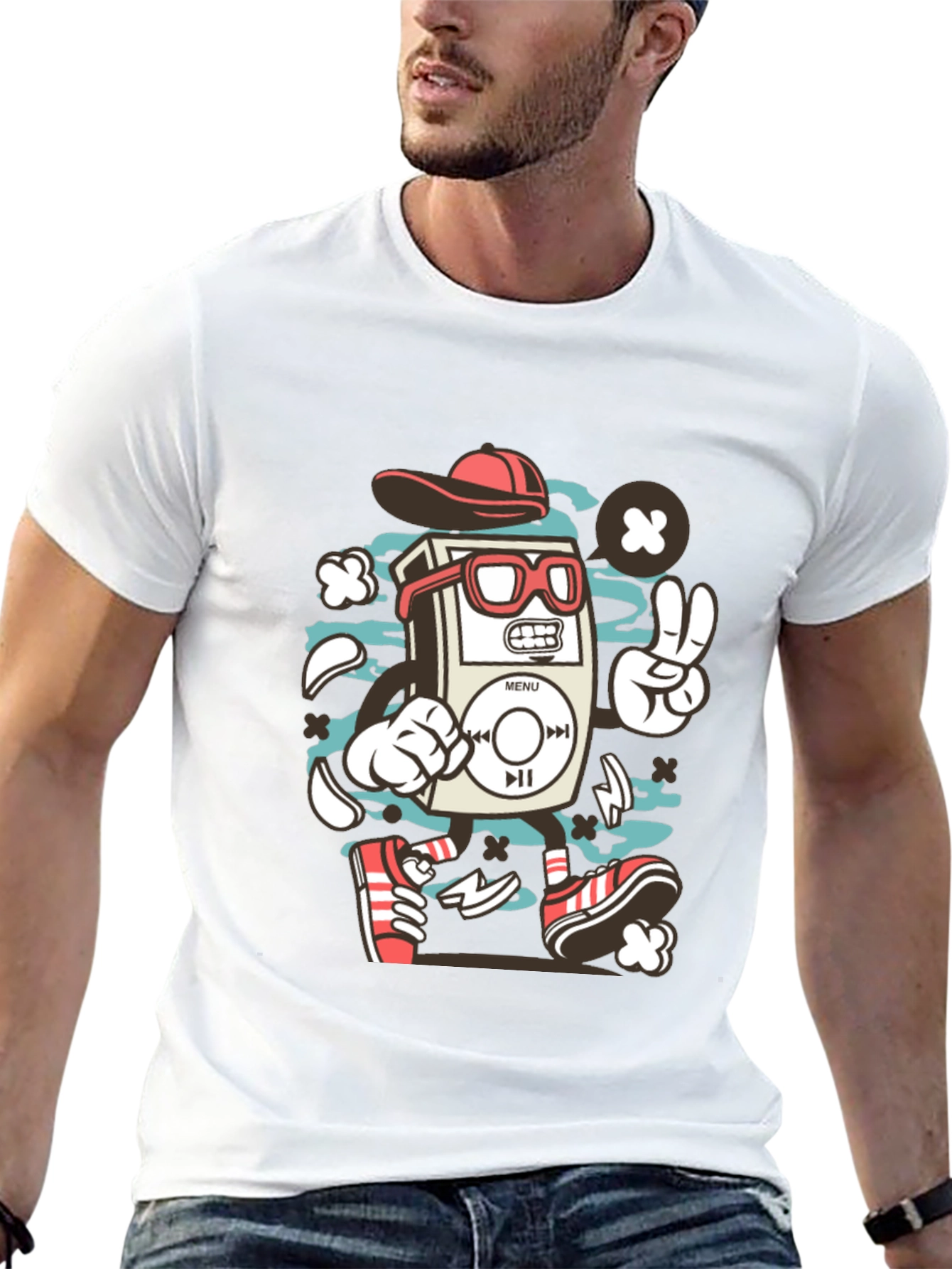 Retro Cartoon Music Player Black T-Shirt