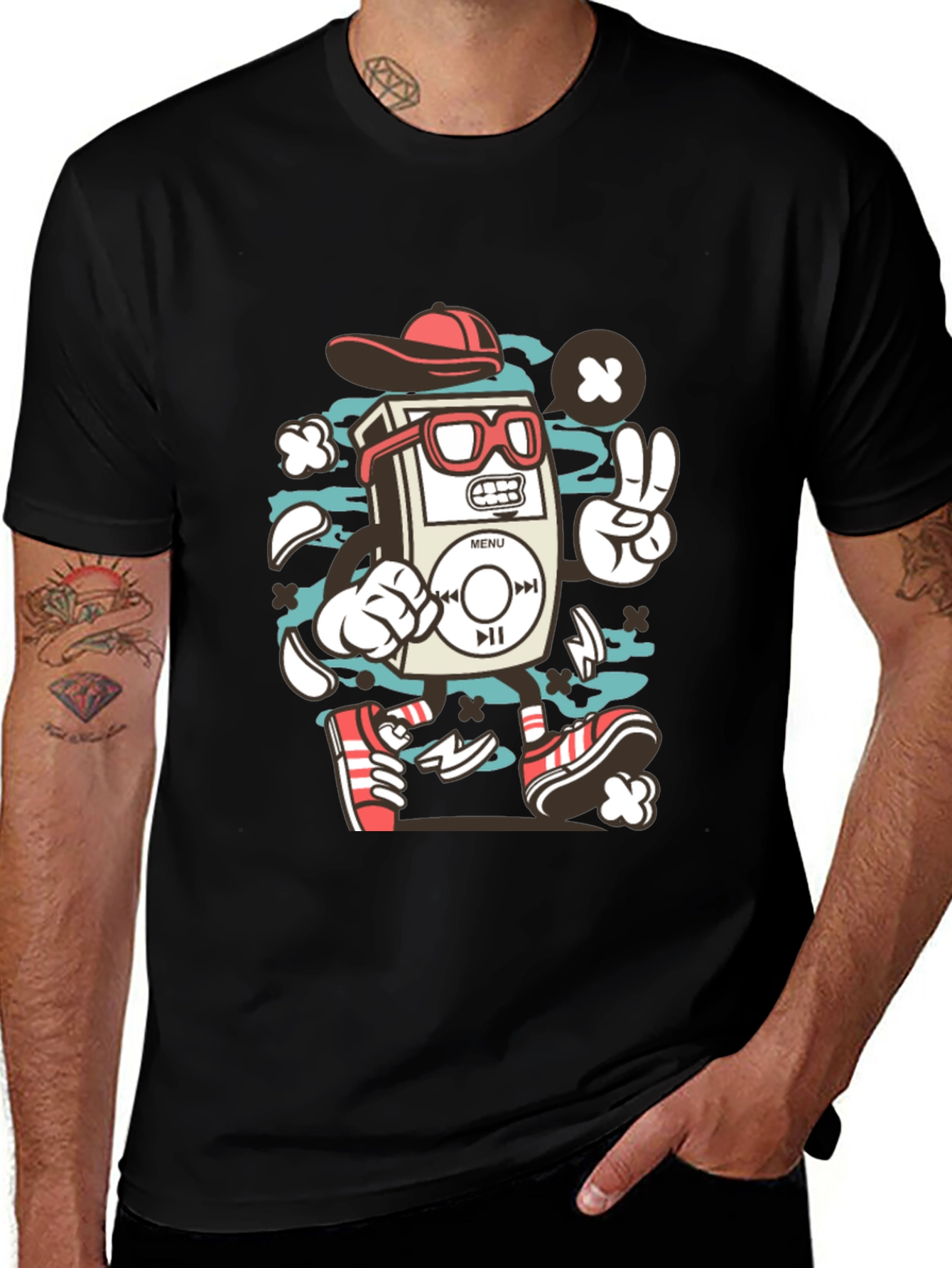 Retro Cartoon Music Player Black T-Shirt