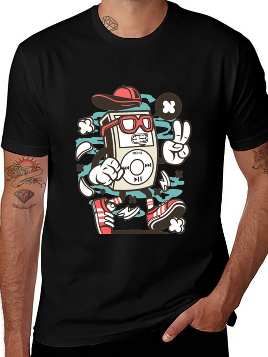 Retro Cartoon Music Player Black T-Shirt