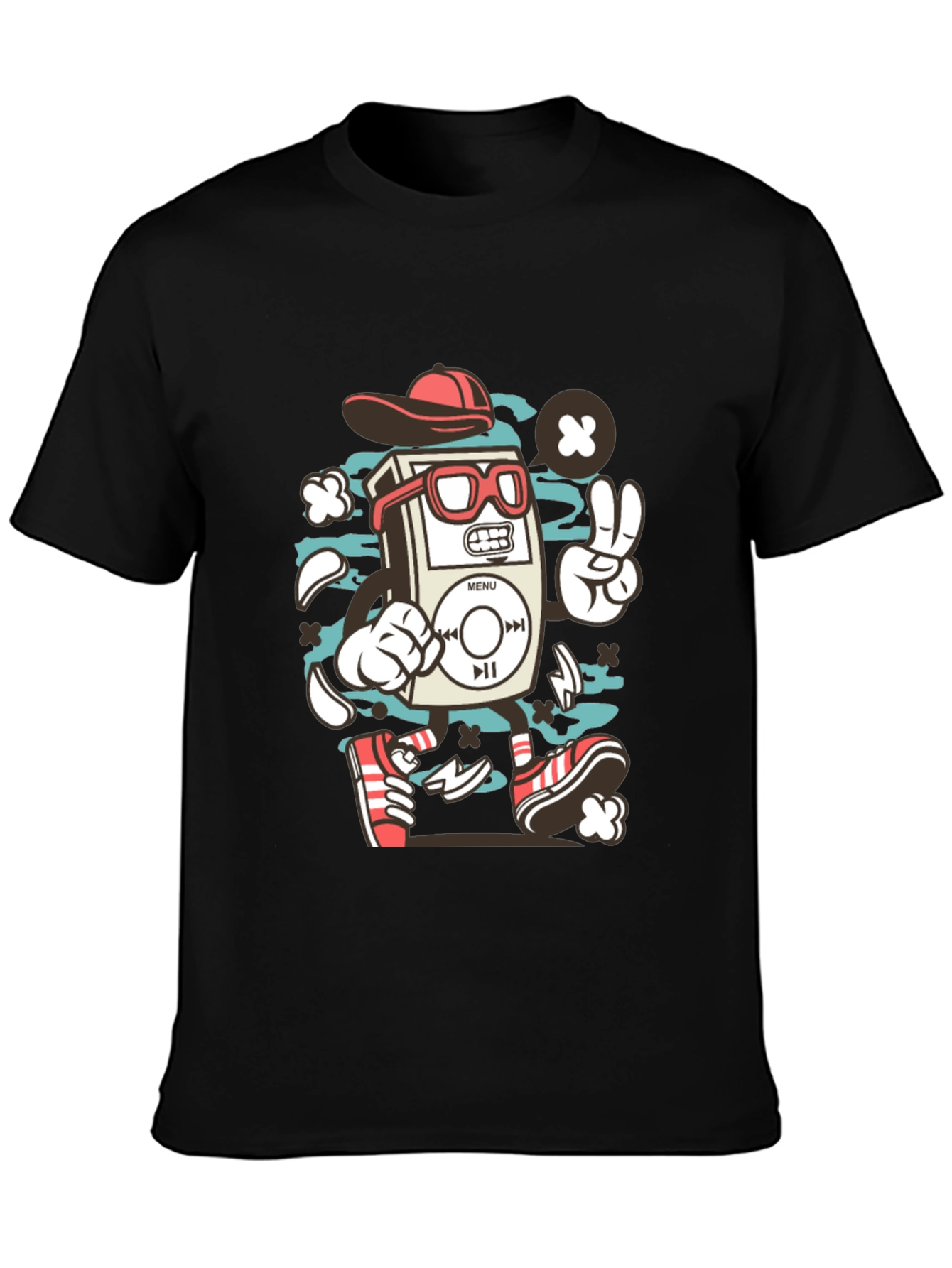 Retro Cartoon Music Player Black T-Shirt