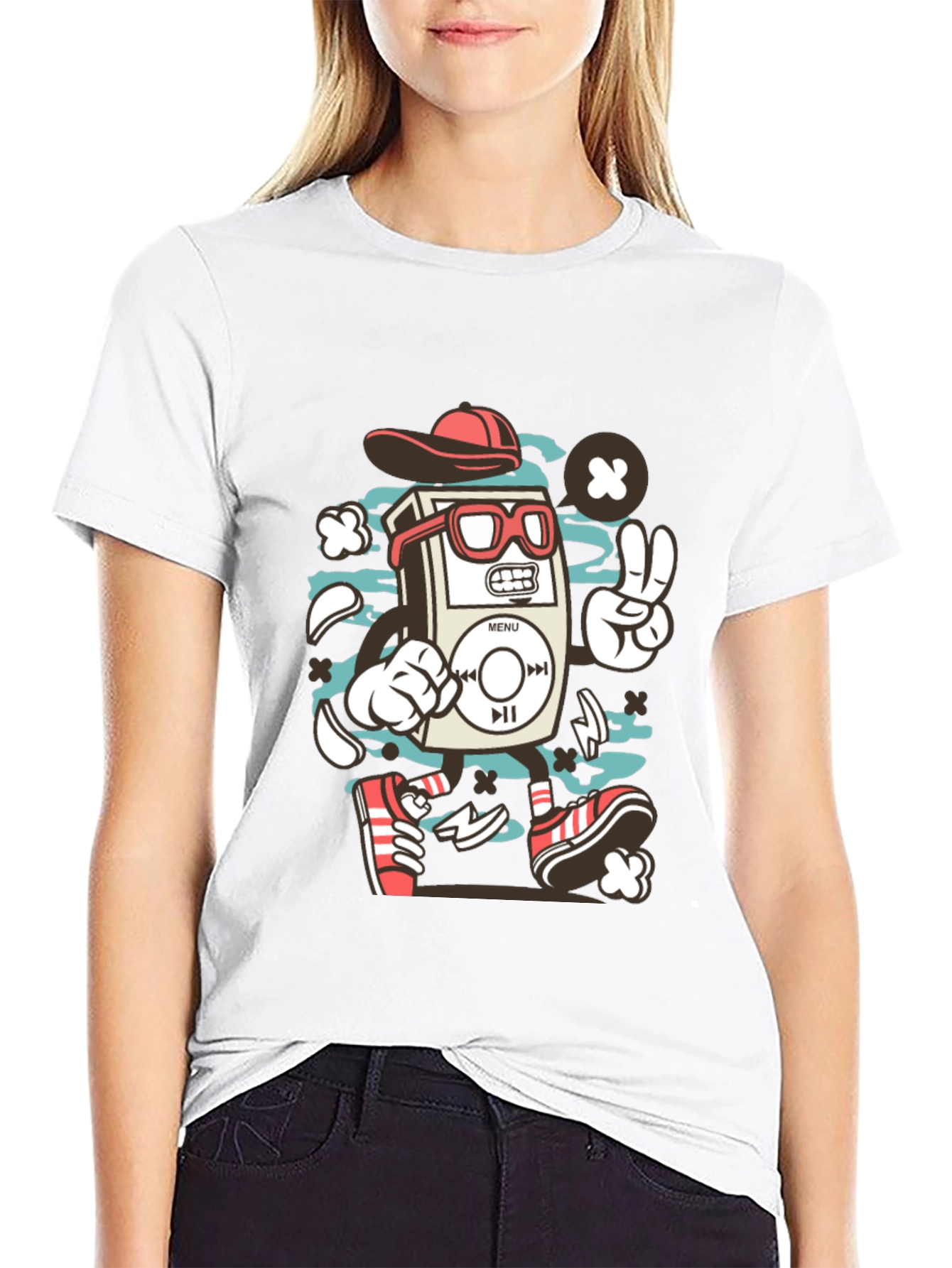Retro Cartoon Music Player Black T-Shirt