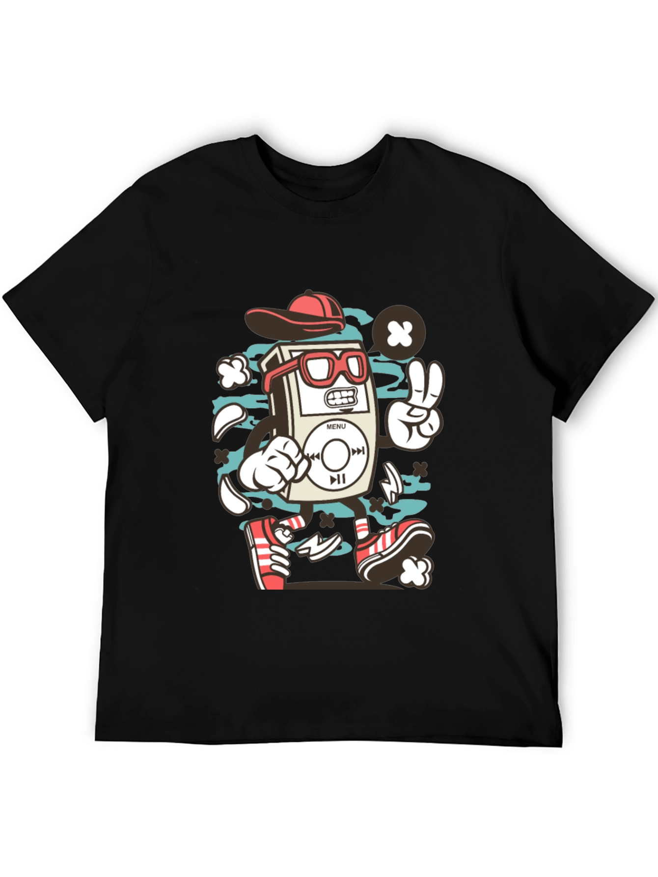 Retro Cartoon Music Player Black T-Shirt