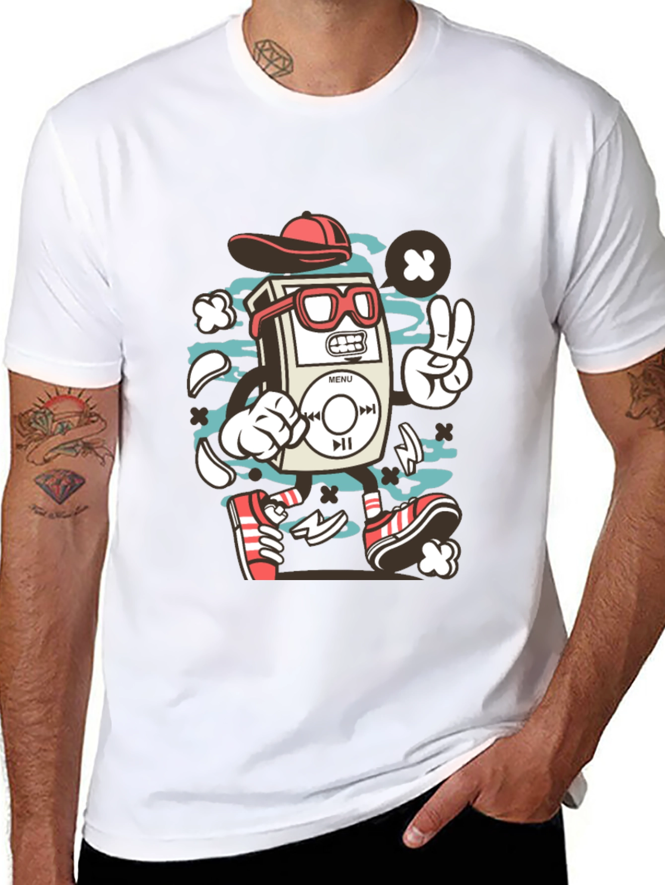 Retro Cartoon Music Player Black T-Shirt