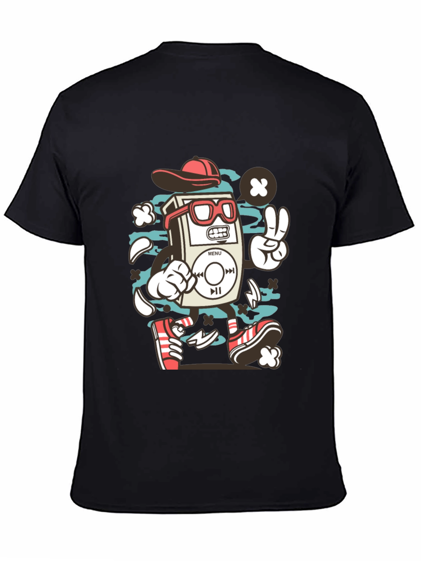 Retro Cartoon Music Player Black T-Shirt