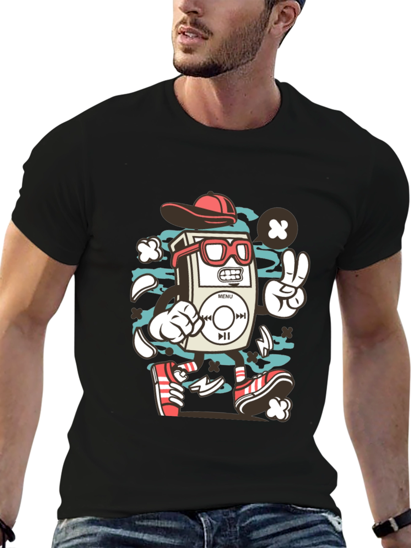 Retro Cartoon Music Player Black T-Shirt