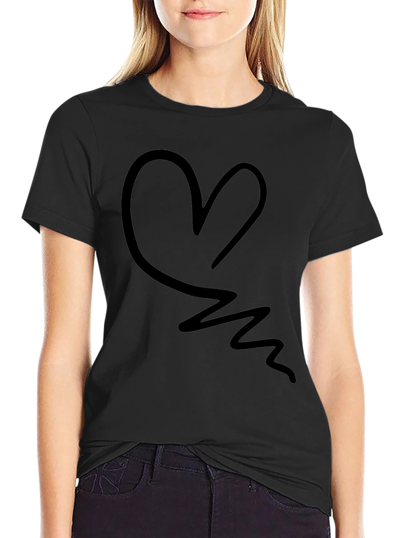 Abstract Heart Graphic Tee - Black Casual T-Shirt