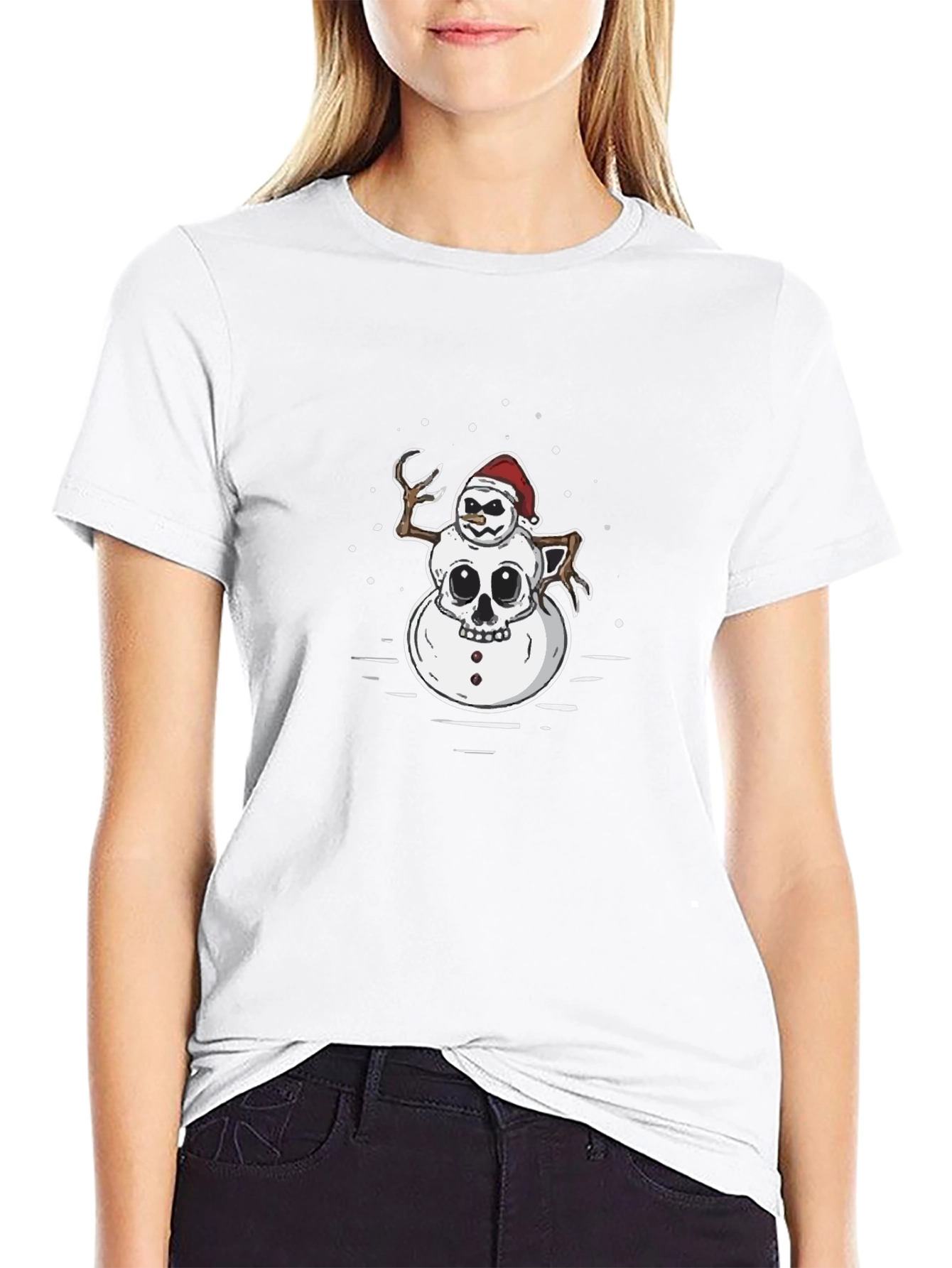 Creepy Snowman Skull Graphic Black T-Shirt