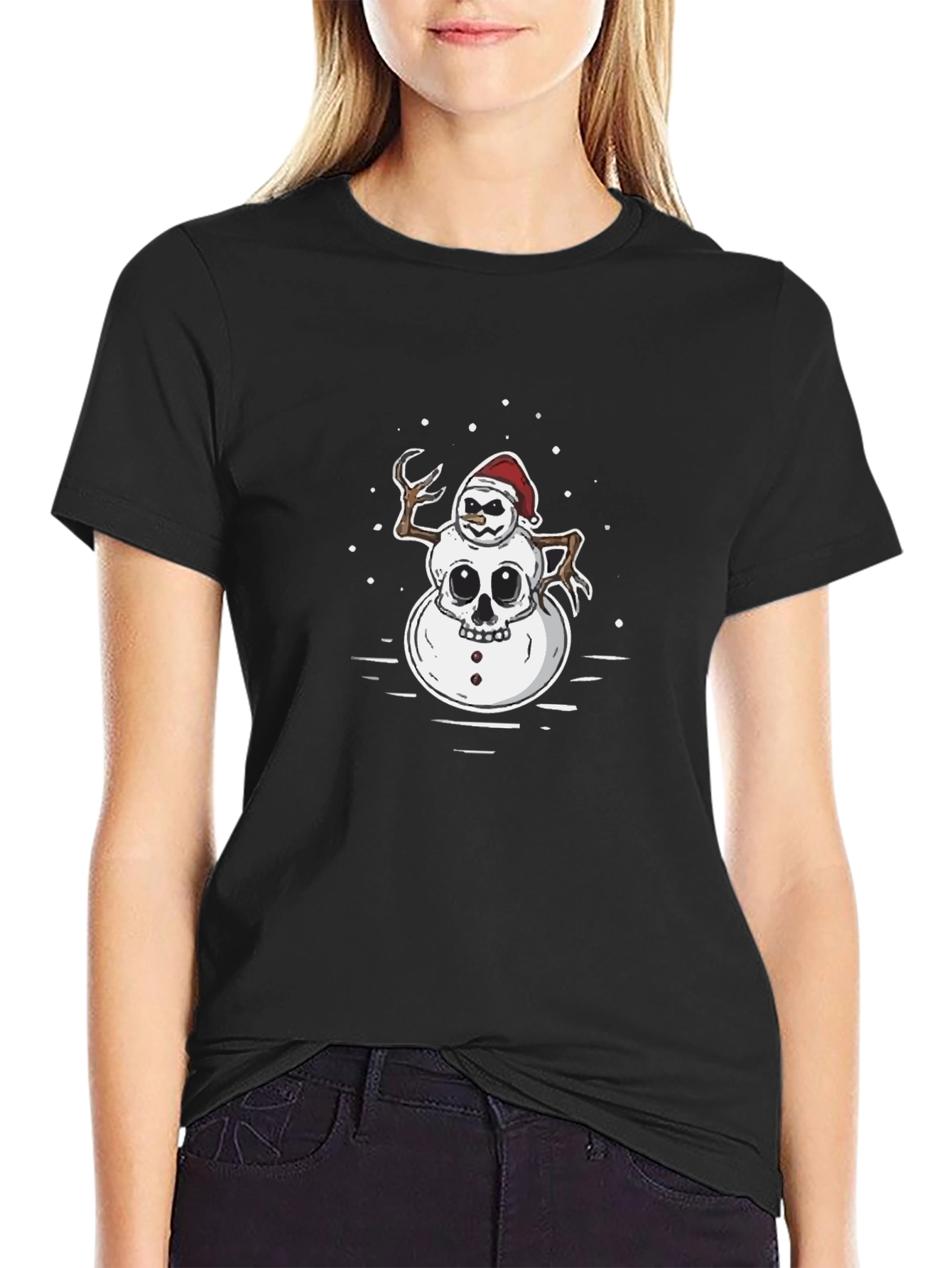 Creepy Snowman Skull Graphic Black T-Shirt