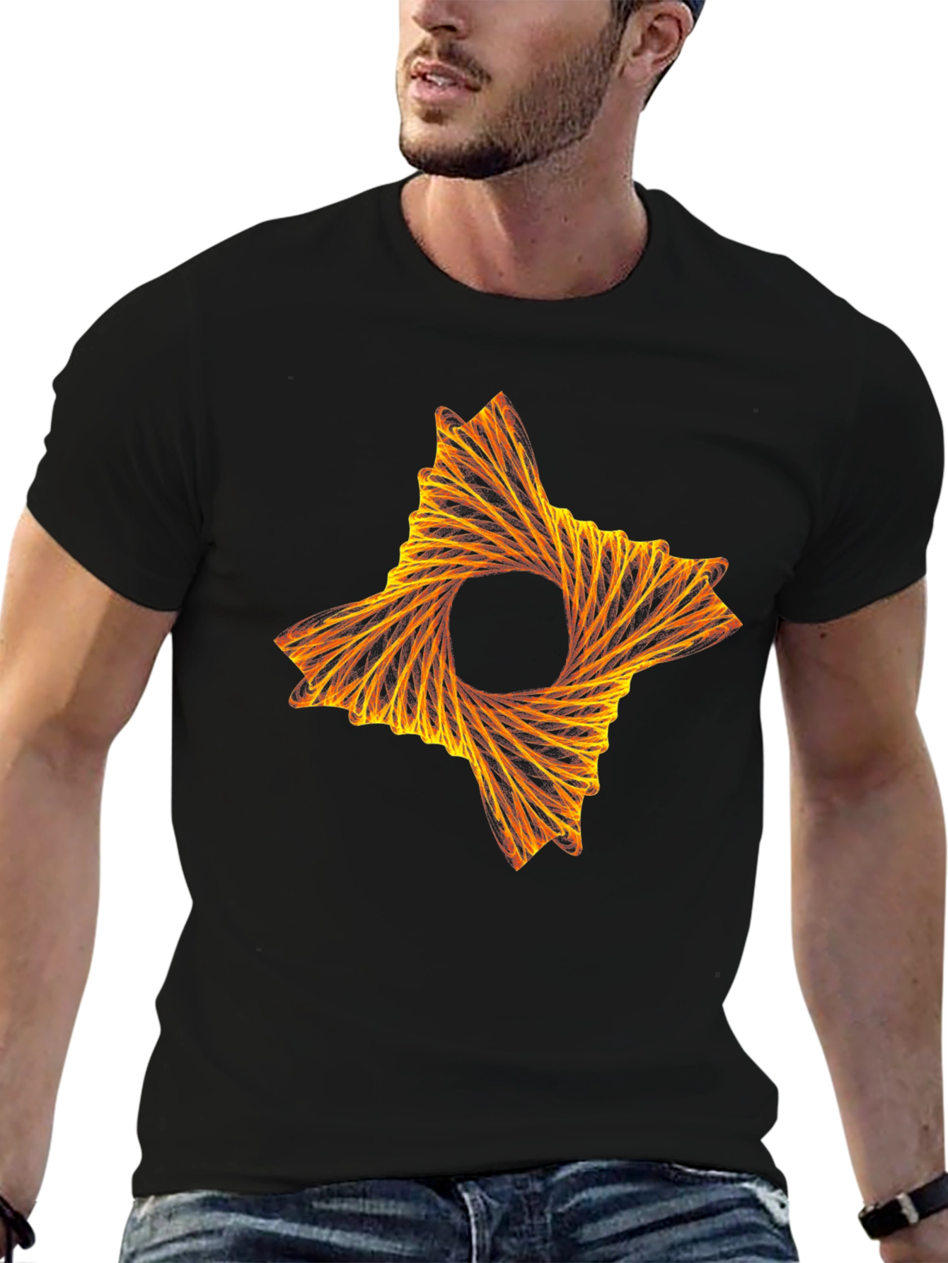 Abstract Fiery Star Graphic Tee - Black Cotton T-Shirt