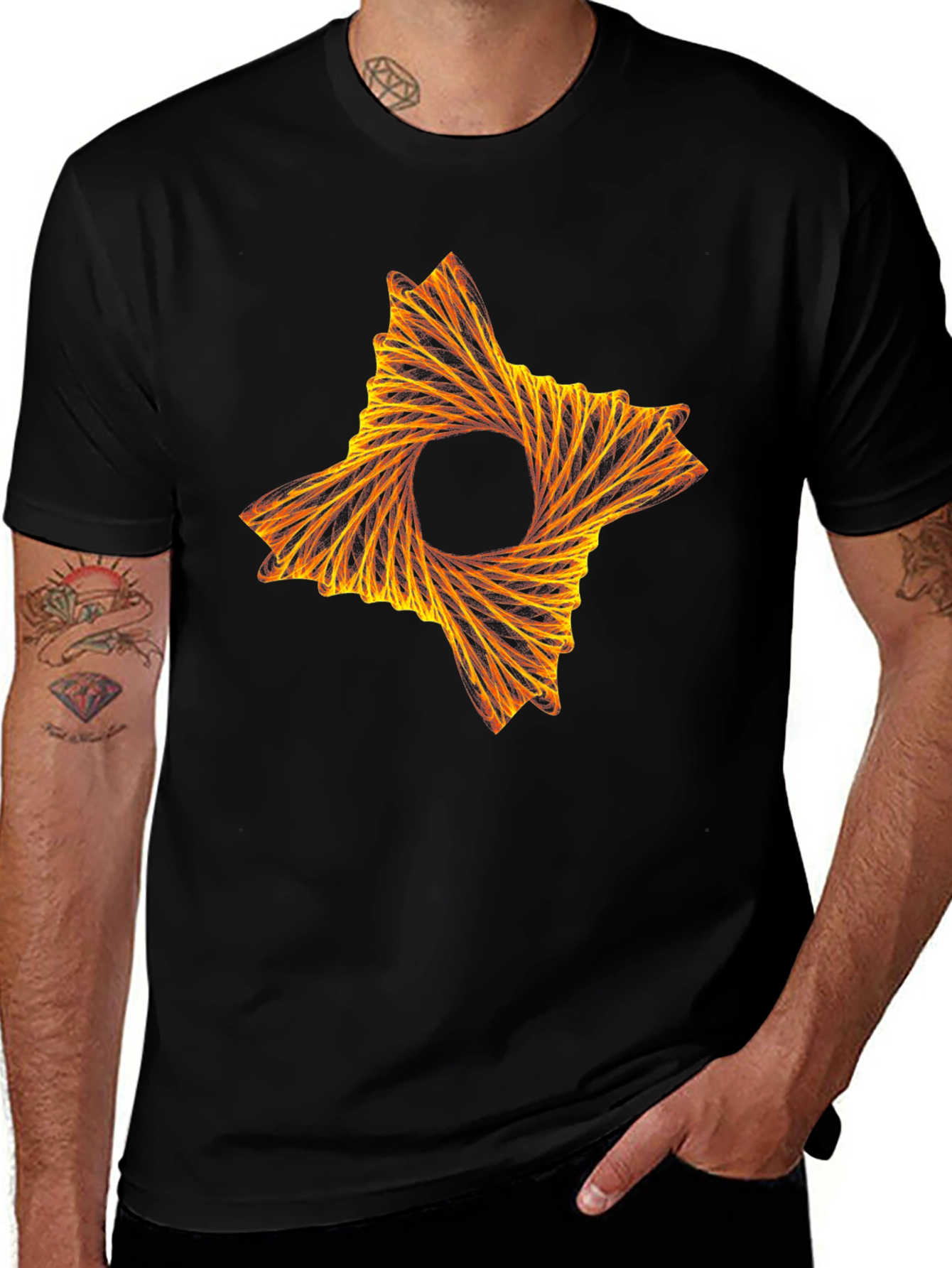 Abstract Fiery Star Graphic Tee - Black Cotton T-Shirt