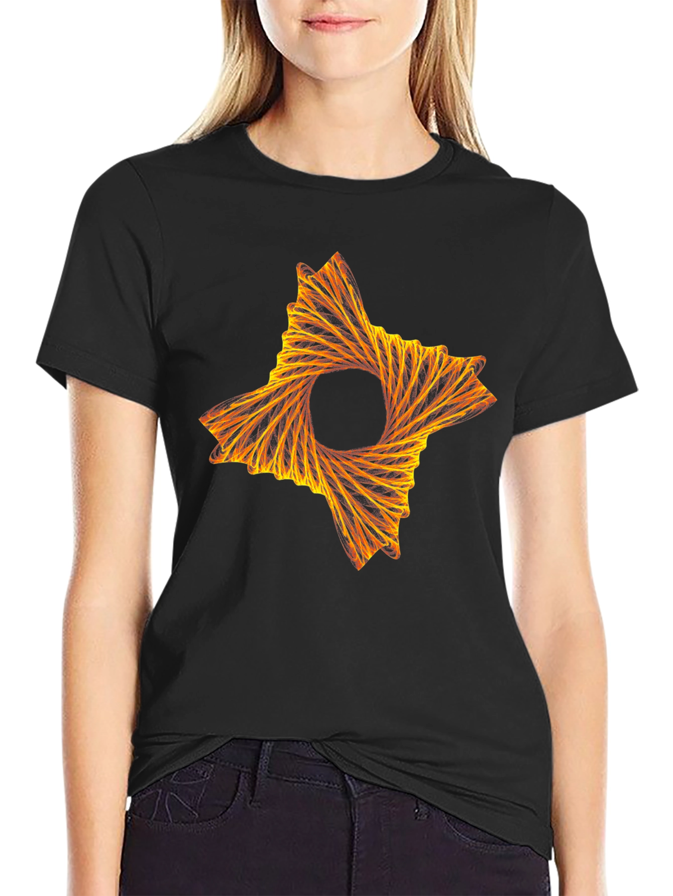 Abstract Fiery Star Graphic Tee - Black Cotton T-Shirt