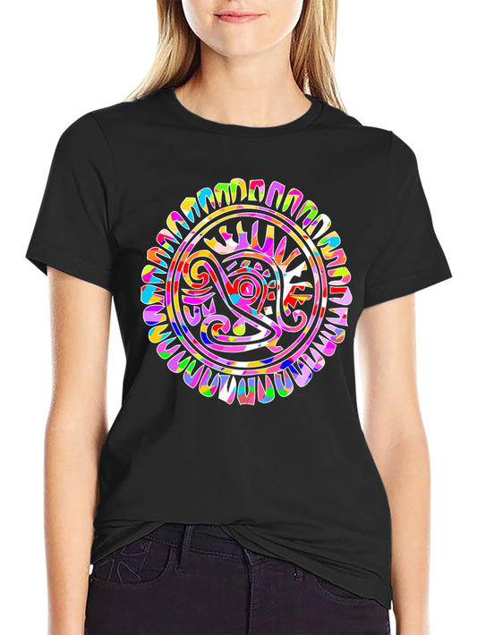 Colorful Aztec Sun Graphic Black T-Shirt