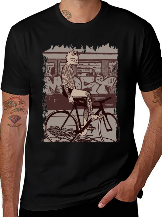 Tattooed Cat on Bike Graphic T-Shirt