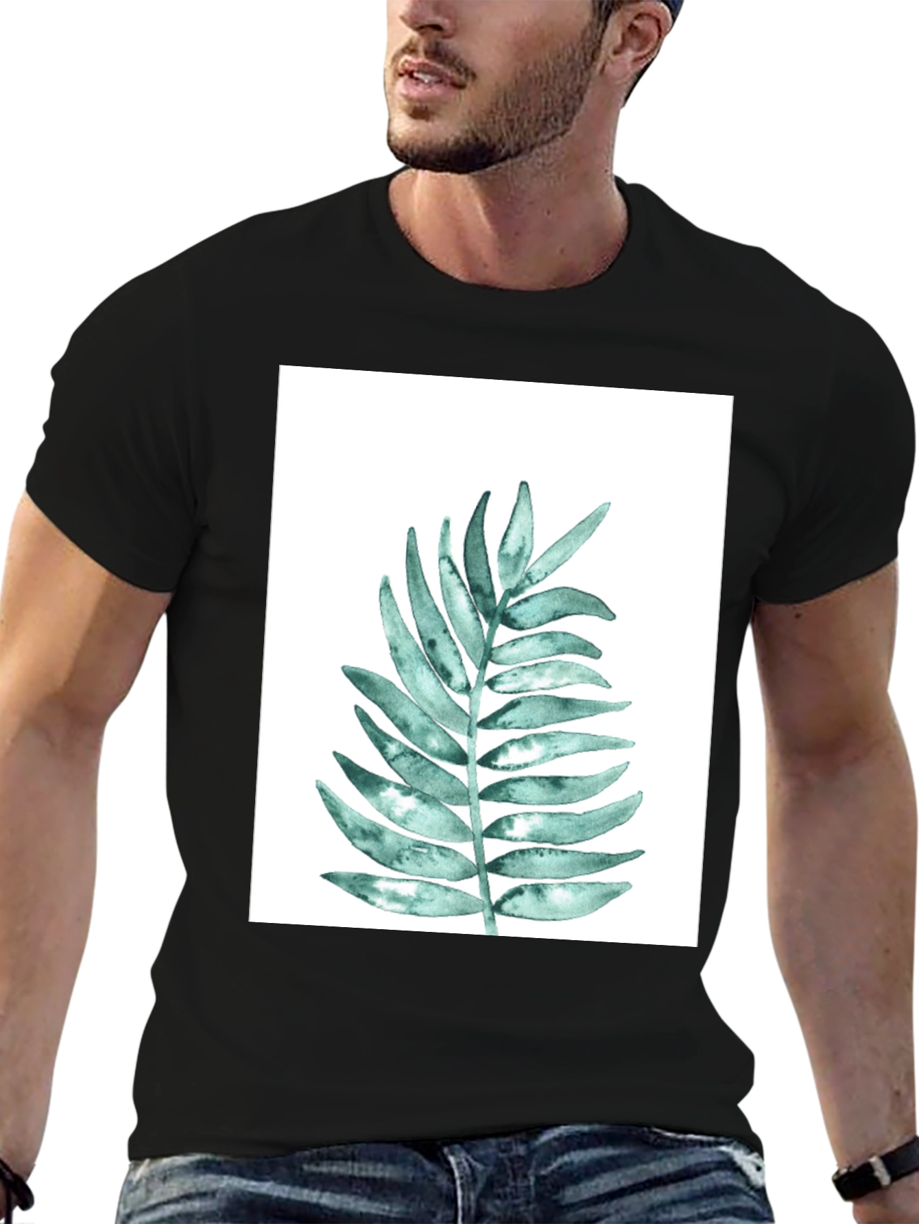 Botanical Leaf Print Black T-Shirt