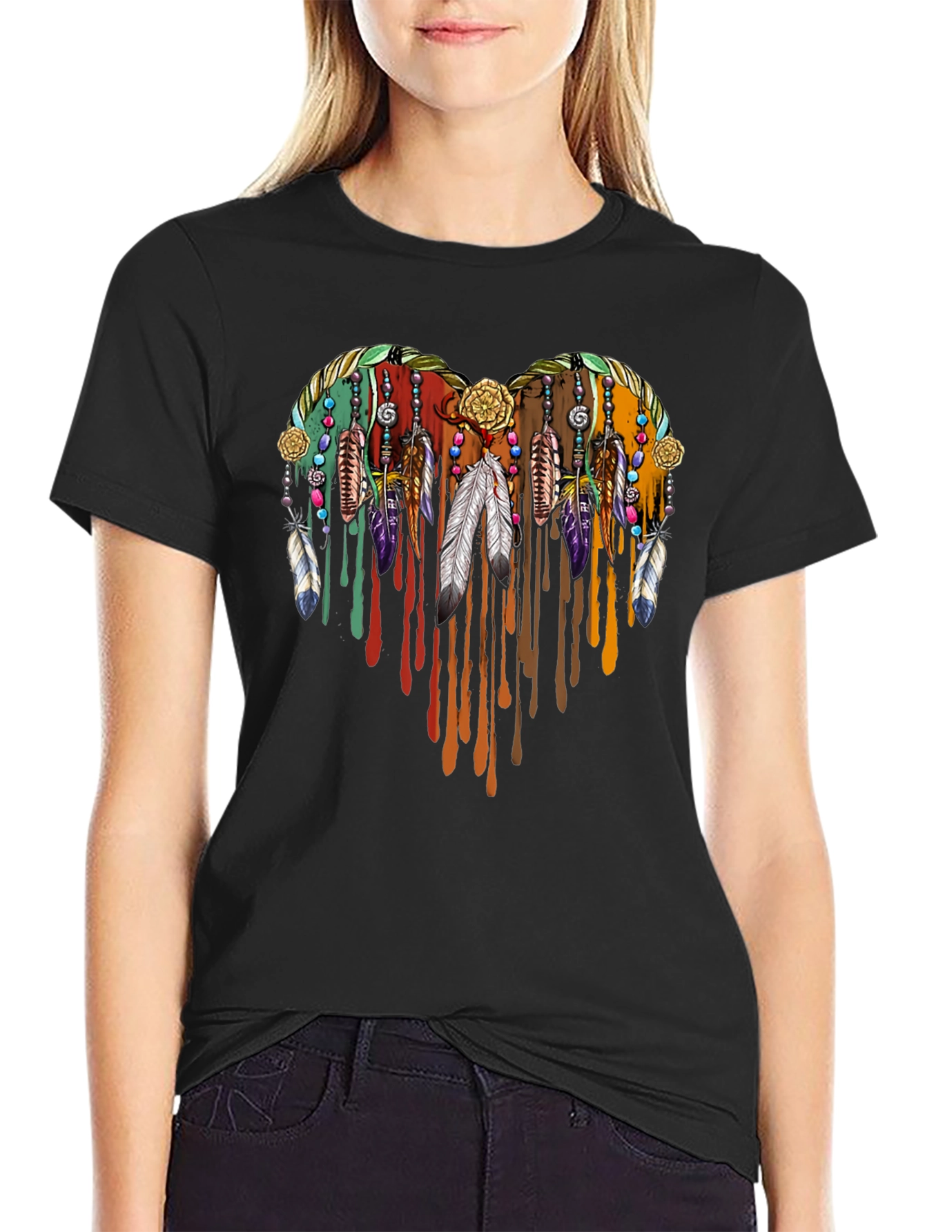Boho Heart Feather Drip Graphic Tee