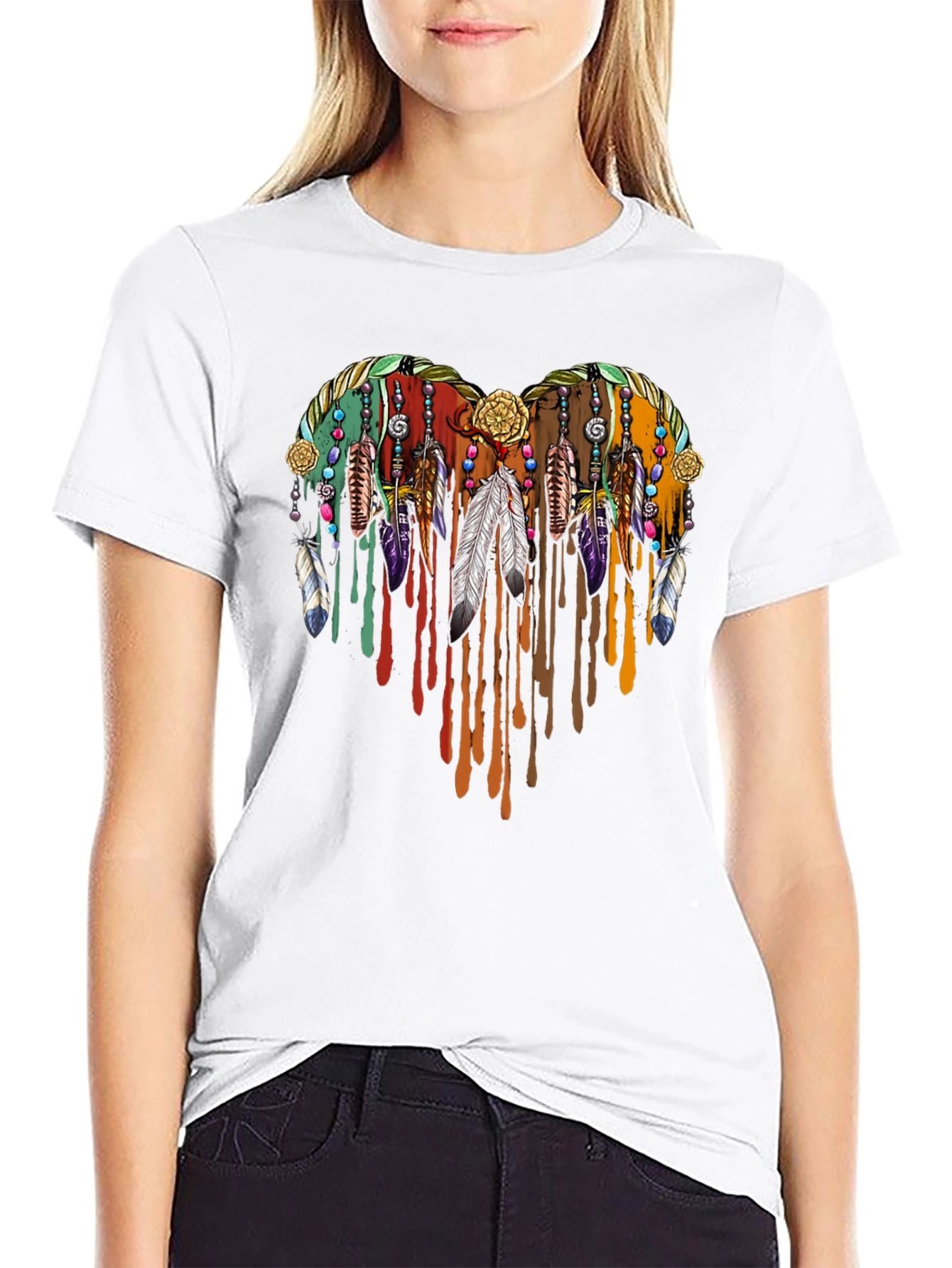 Boho Heart Feather Drip Graphic Tee