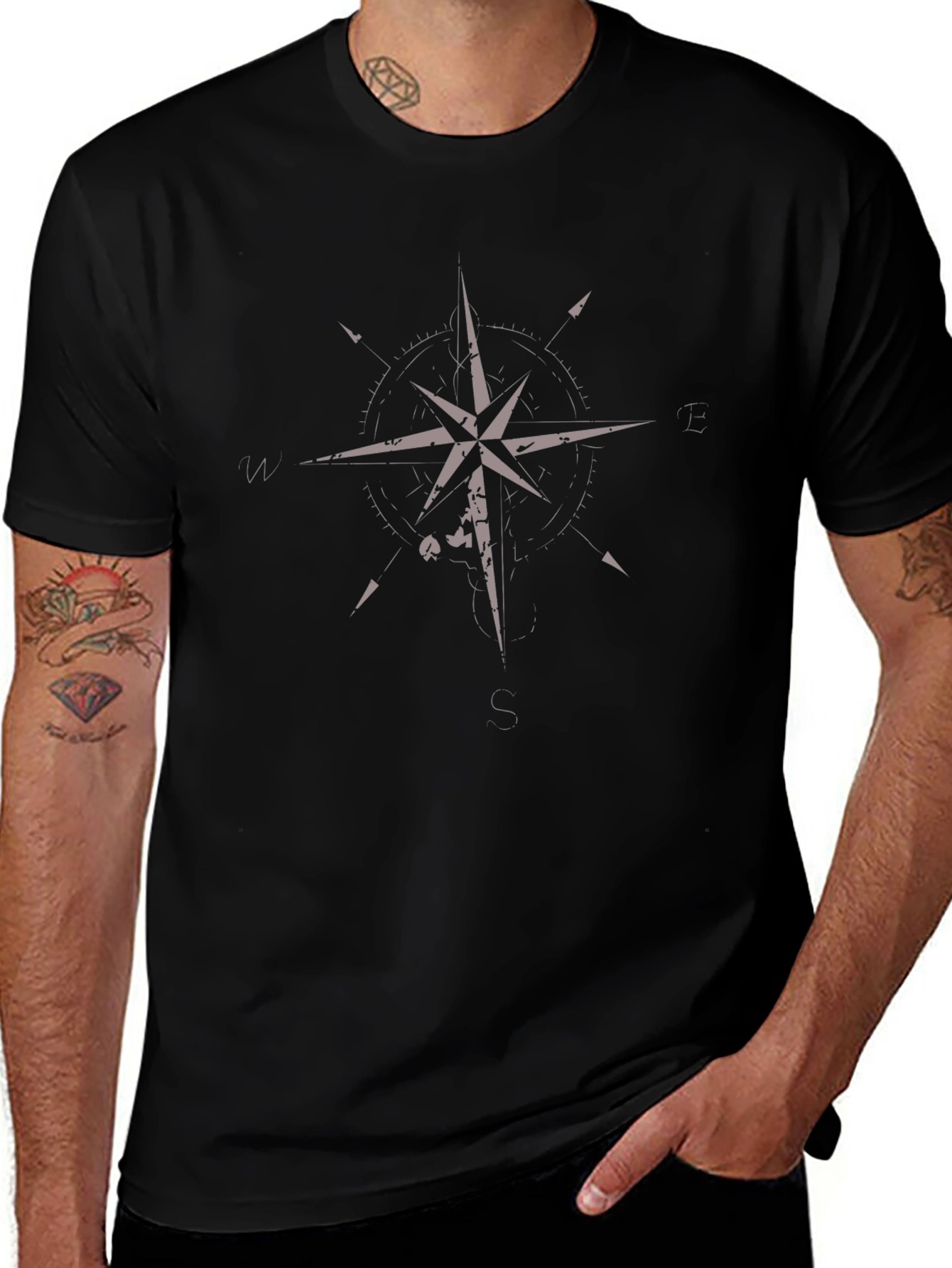 Compass Rose Graphic Tee - Black Cotton T-Shirt