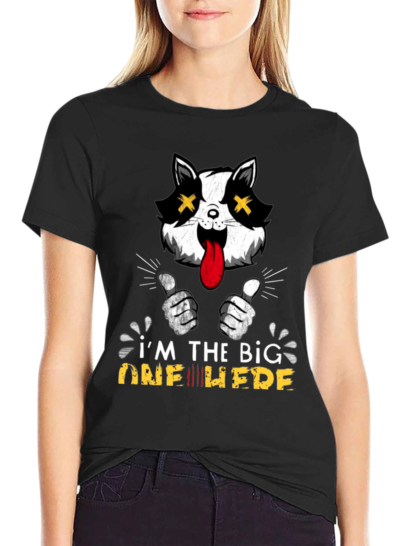 Big One Here Cat Graphic Black T-Shirt
