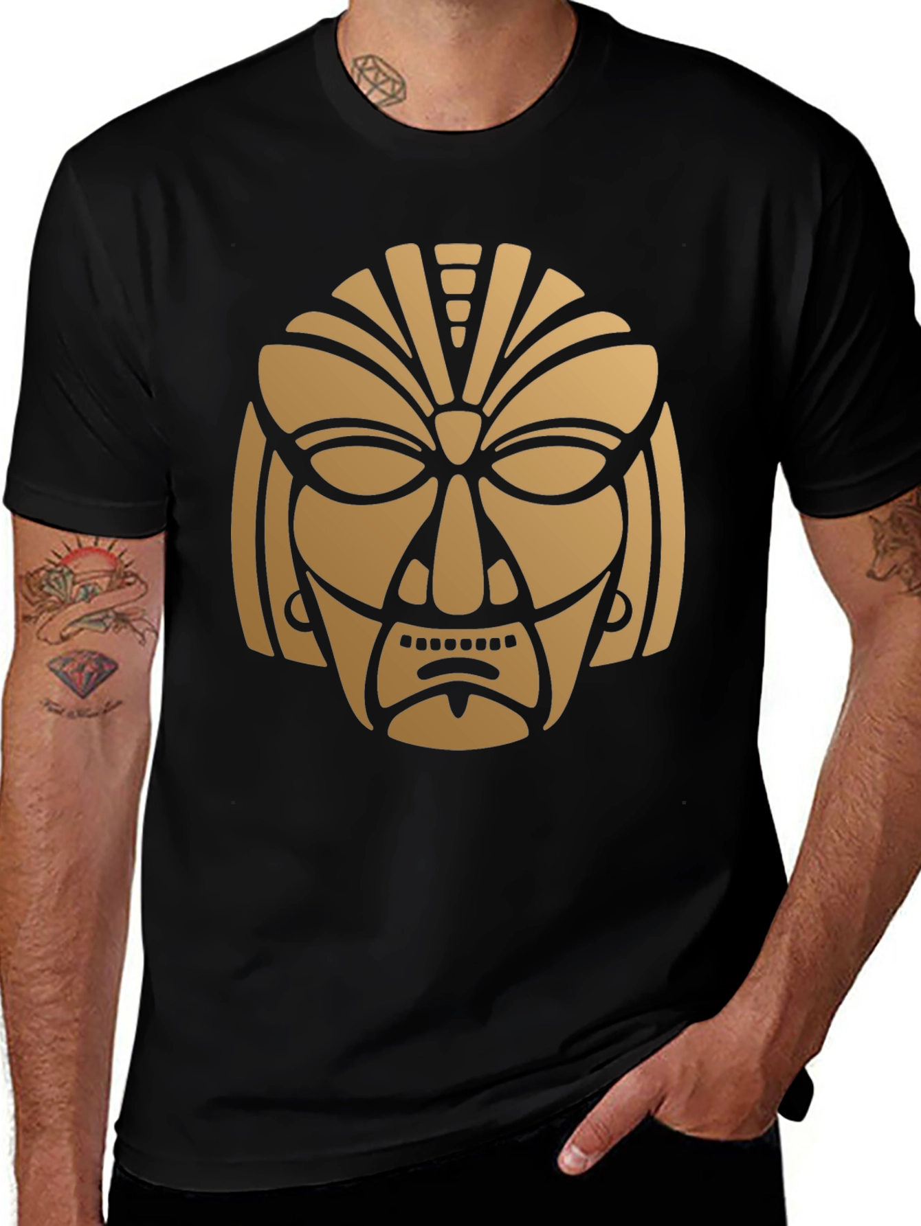 Tribal Mask Graphic Print T-Shirt - Black