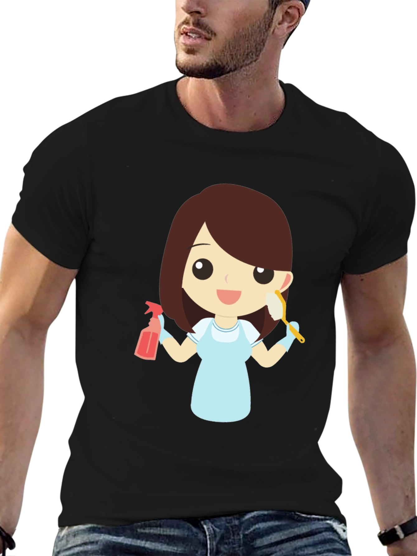 Cartoon Maid Graphic T-Shirt - Cleaning Crew Tee