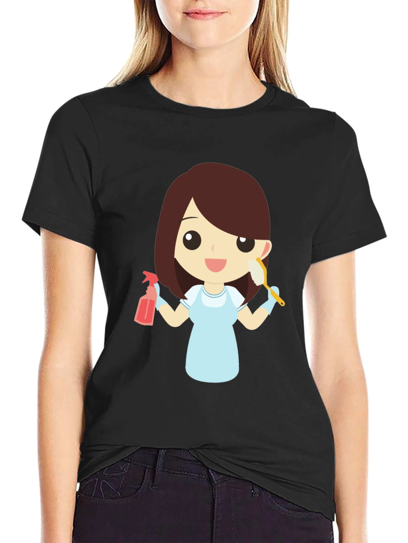 Cartoon Maid Graphic T-Shirt - Cleaning Crew Tee