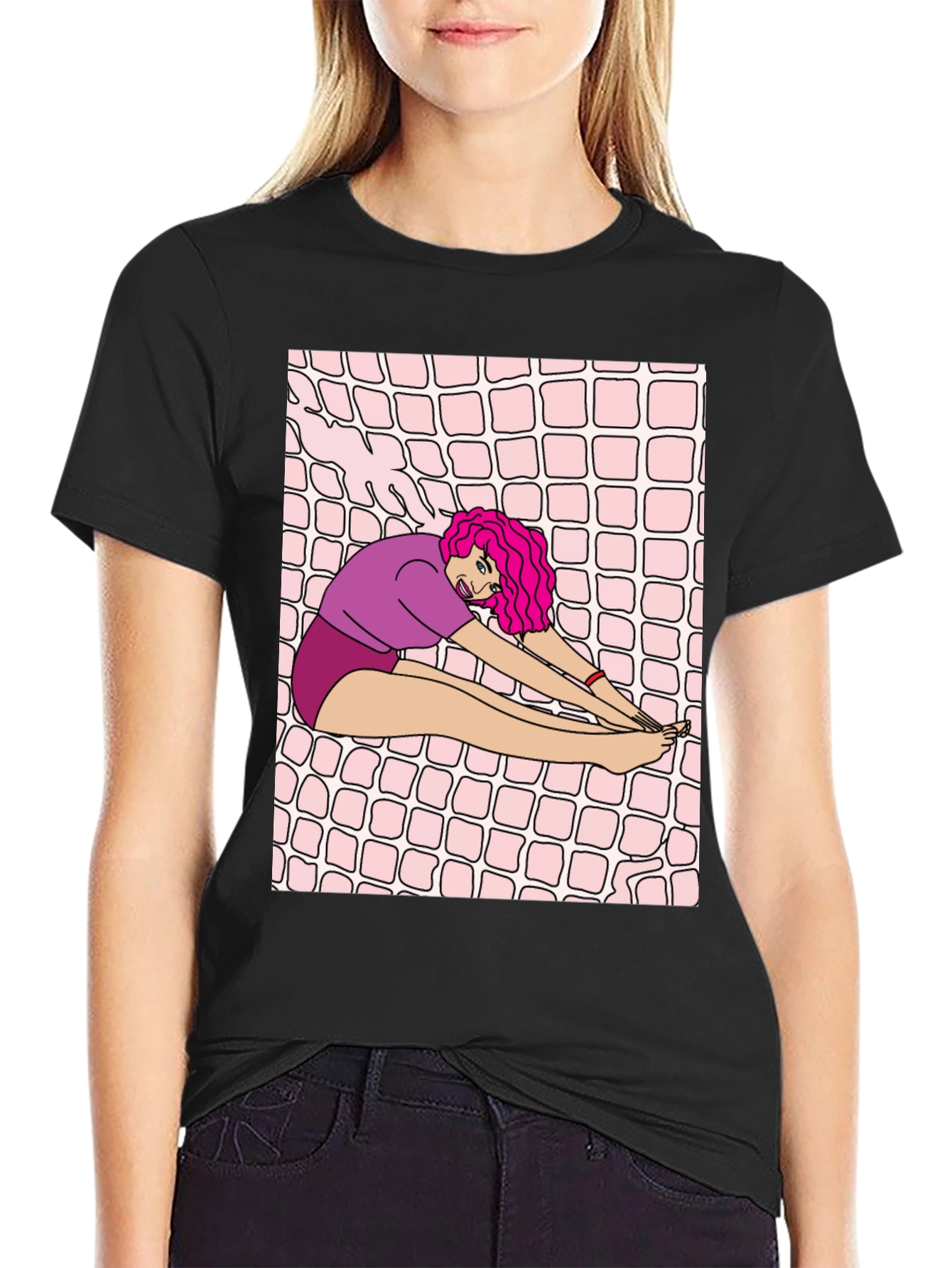 Stretching Cartoon Graphic Black T-Shirt