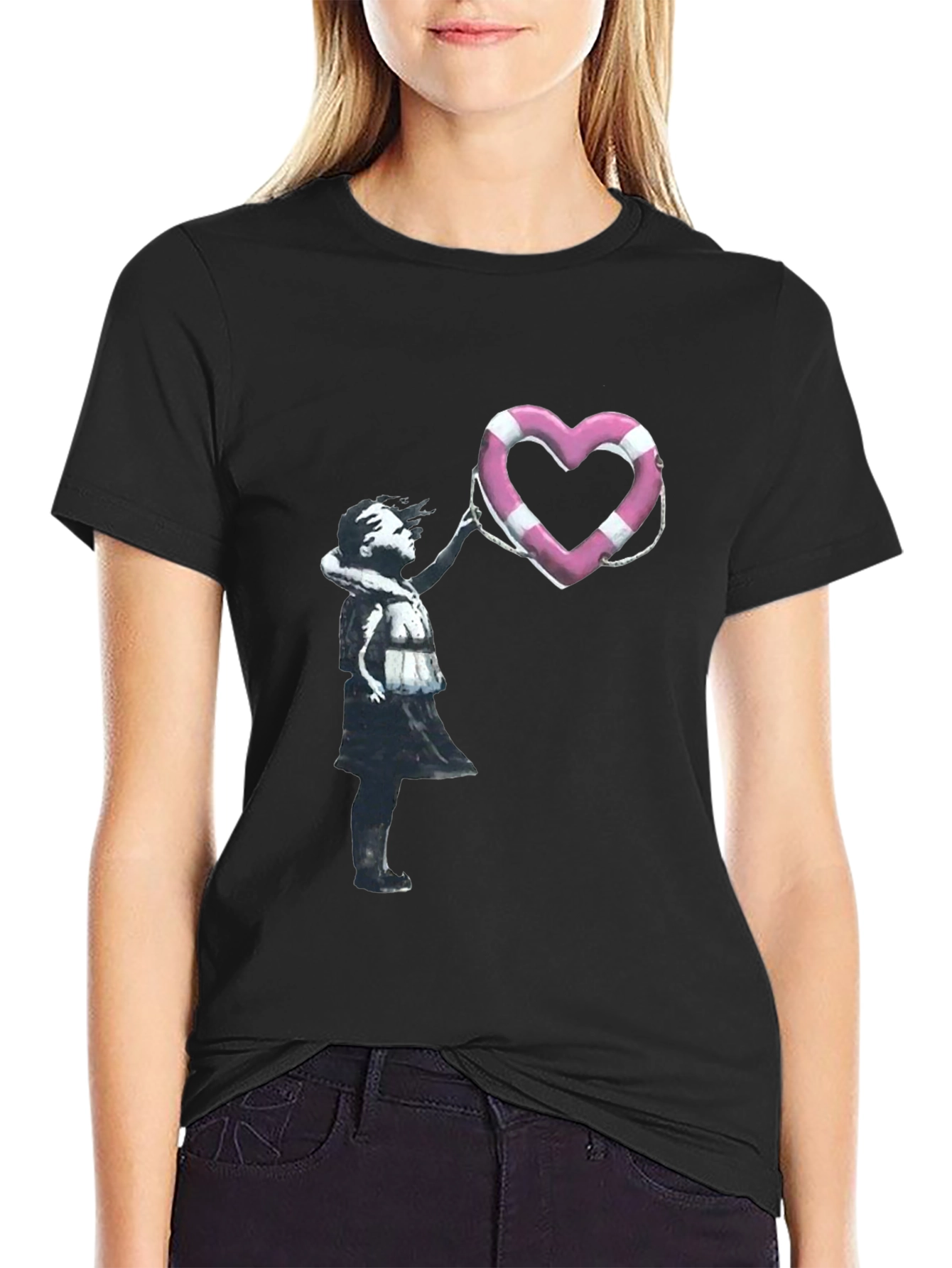 Banksy Girl with Heart Life Preserver T-Shirt