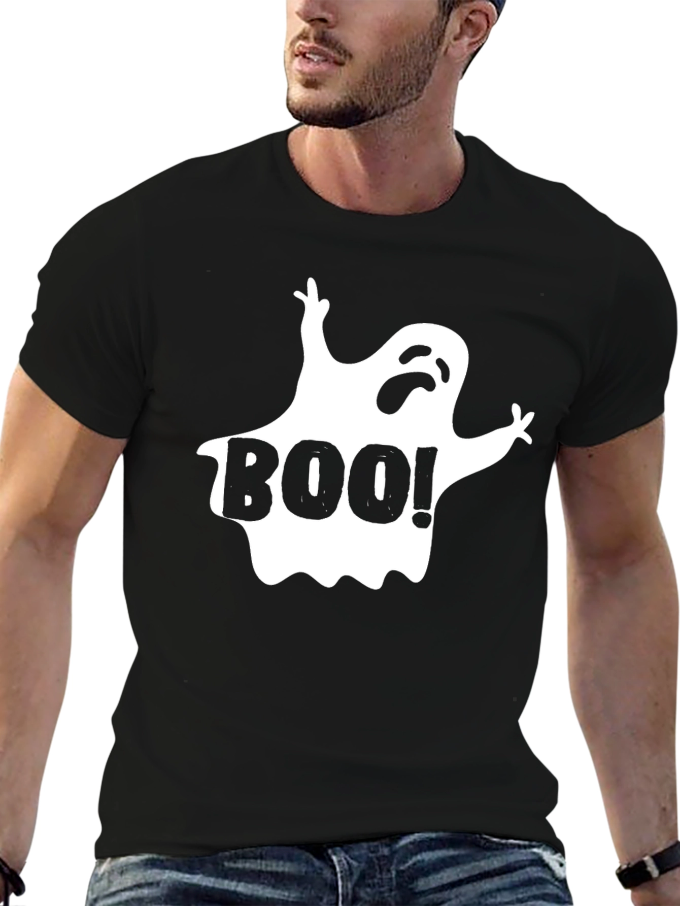 Boo! Halloween Ghost Graphic T-Shirt - Black