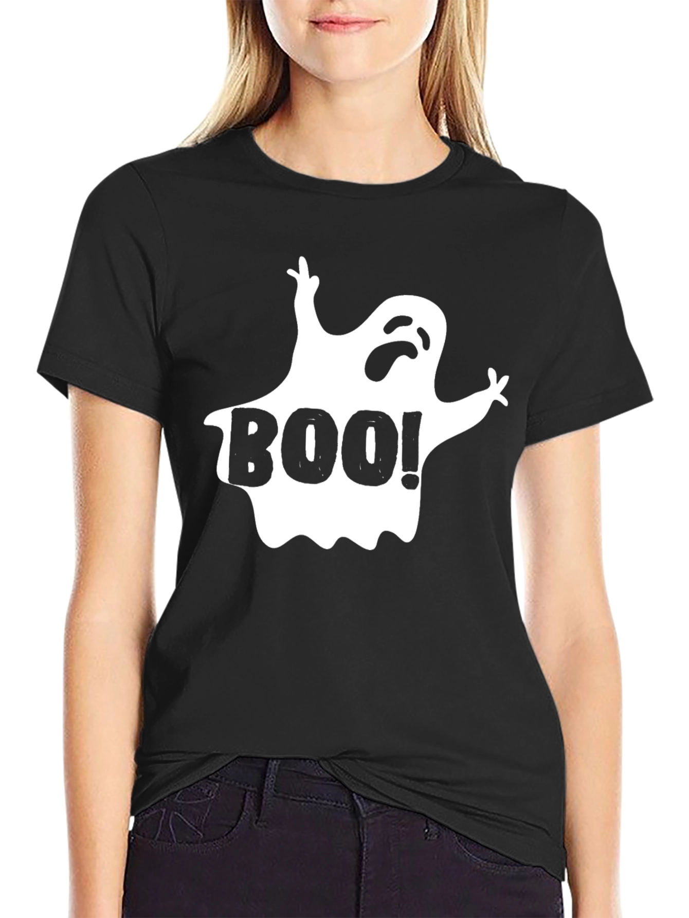 Boo! Halloween Ghost Graphic T-Shirt - Black