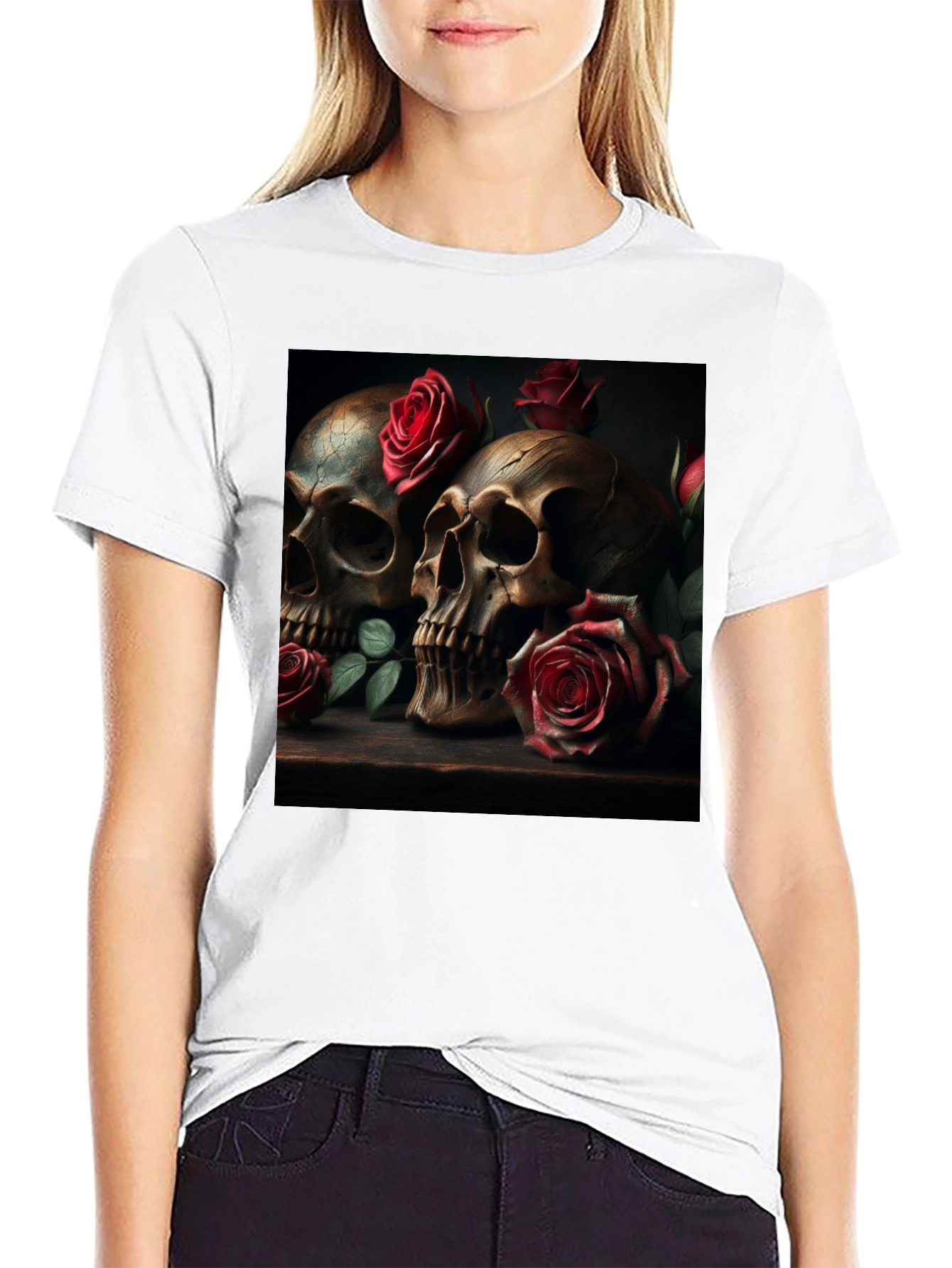 Skull & Roses Graphic Print Tee - Goth Style