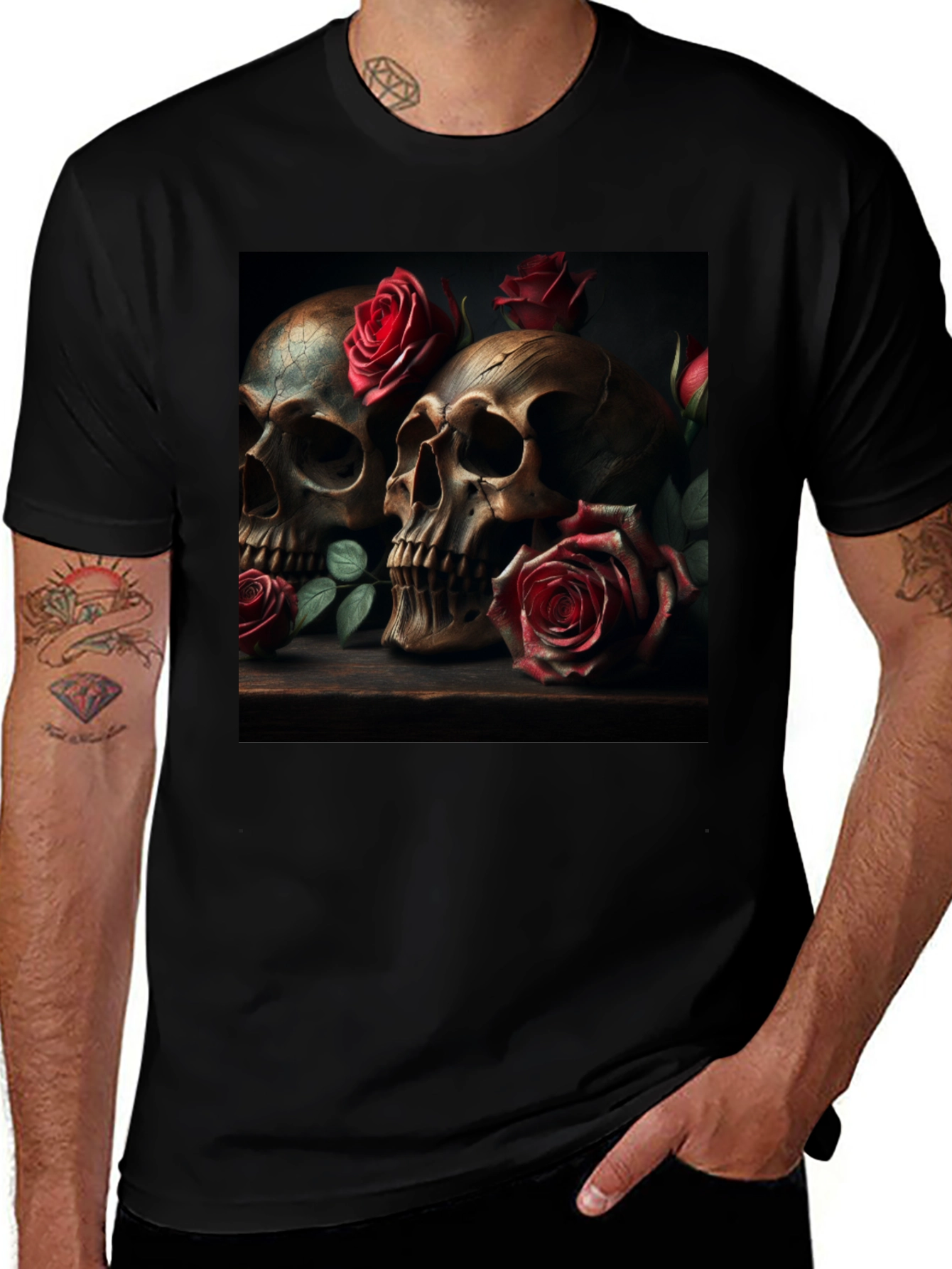 Skull & Roses Graphic Print Tee - Goth Style