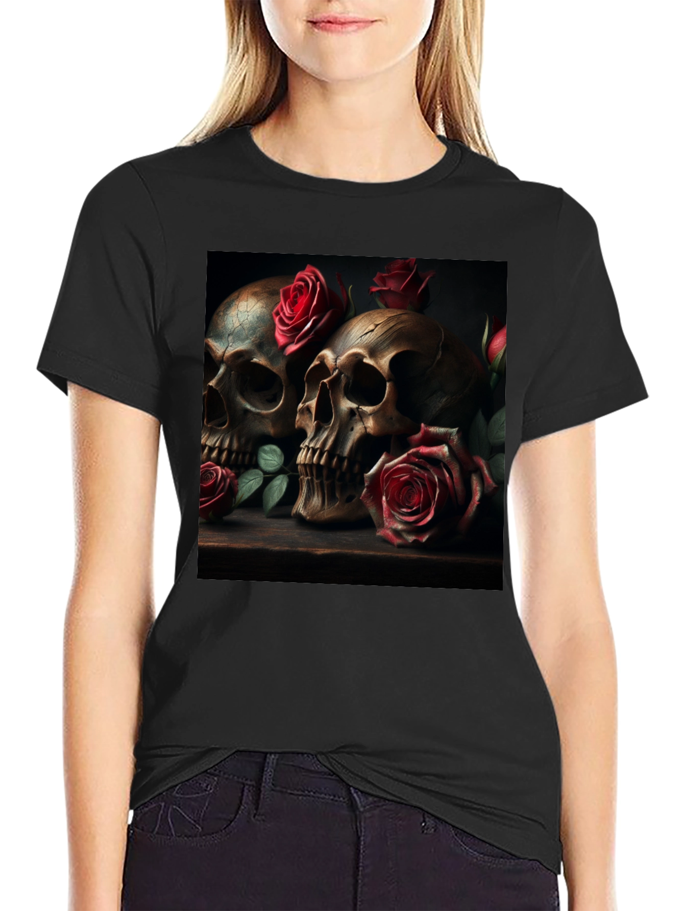 Skull & Roses Graphic Print Tee - Goth Style