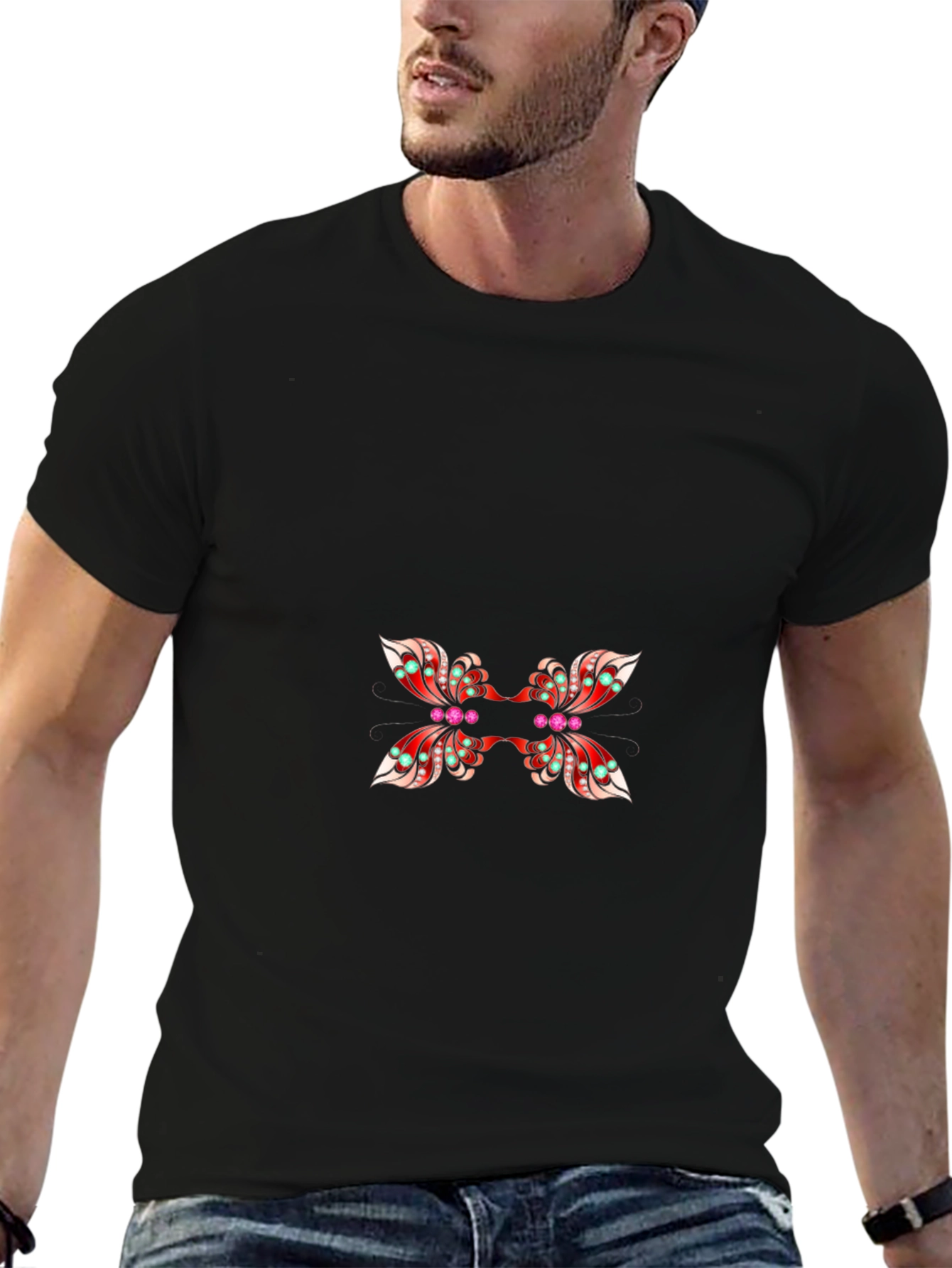 Stylish Black Tee with Butterfly Design