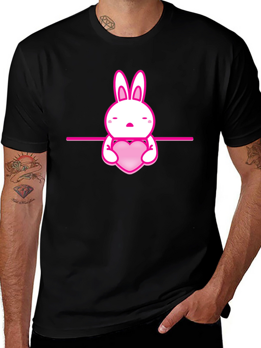 Cute Pink Bunny Heart Graphic Black T-Shirt