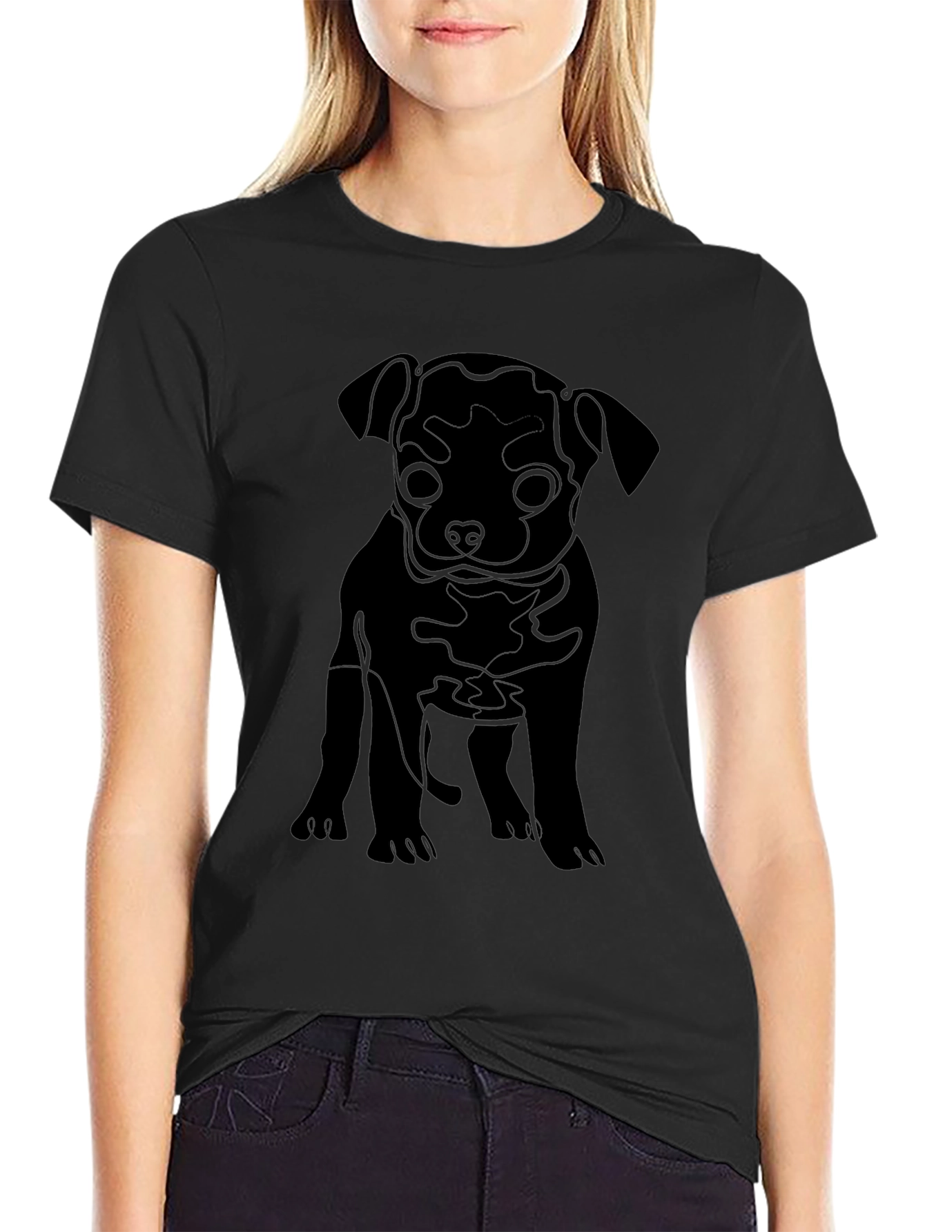 Black Puppy Line Art Graphic Tee