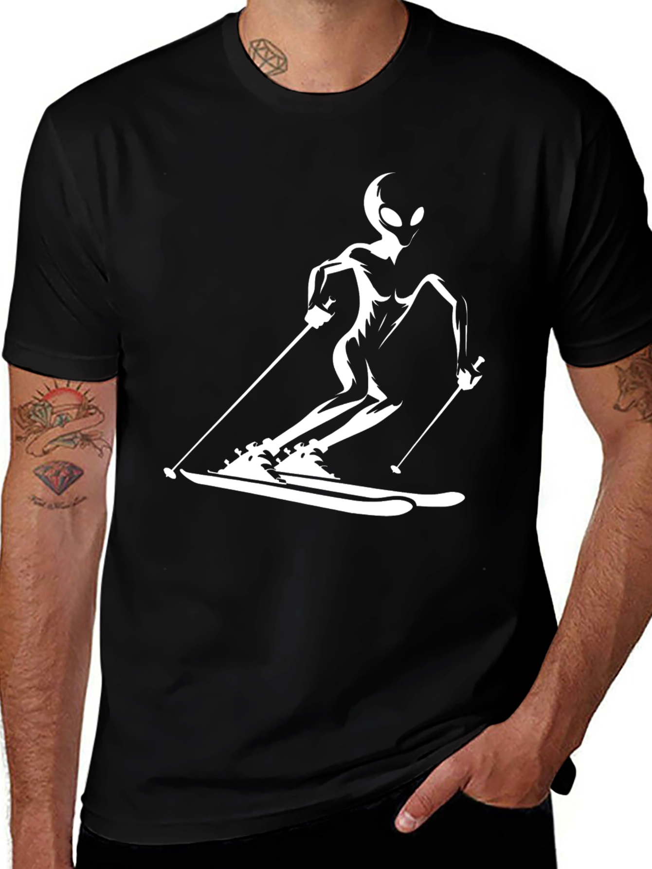 Skiing Alien Graphic Tee - Black Cotton Casual T-Shirt
