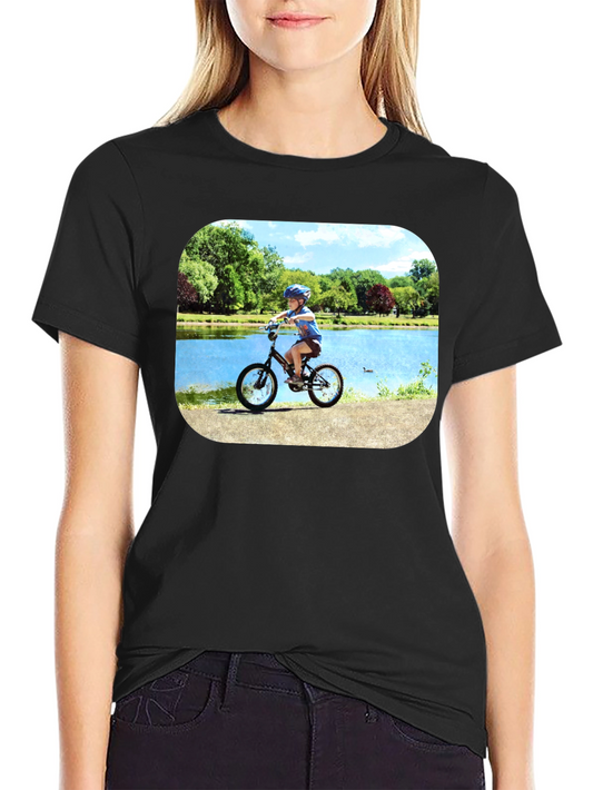 Boy on Bike Graphic Tee - Black Casual Cotton T-Shirt