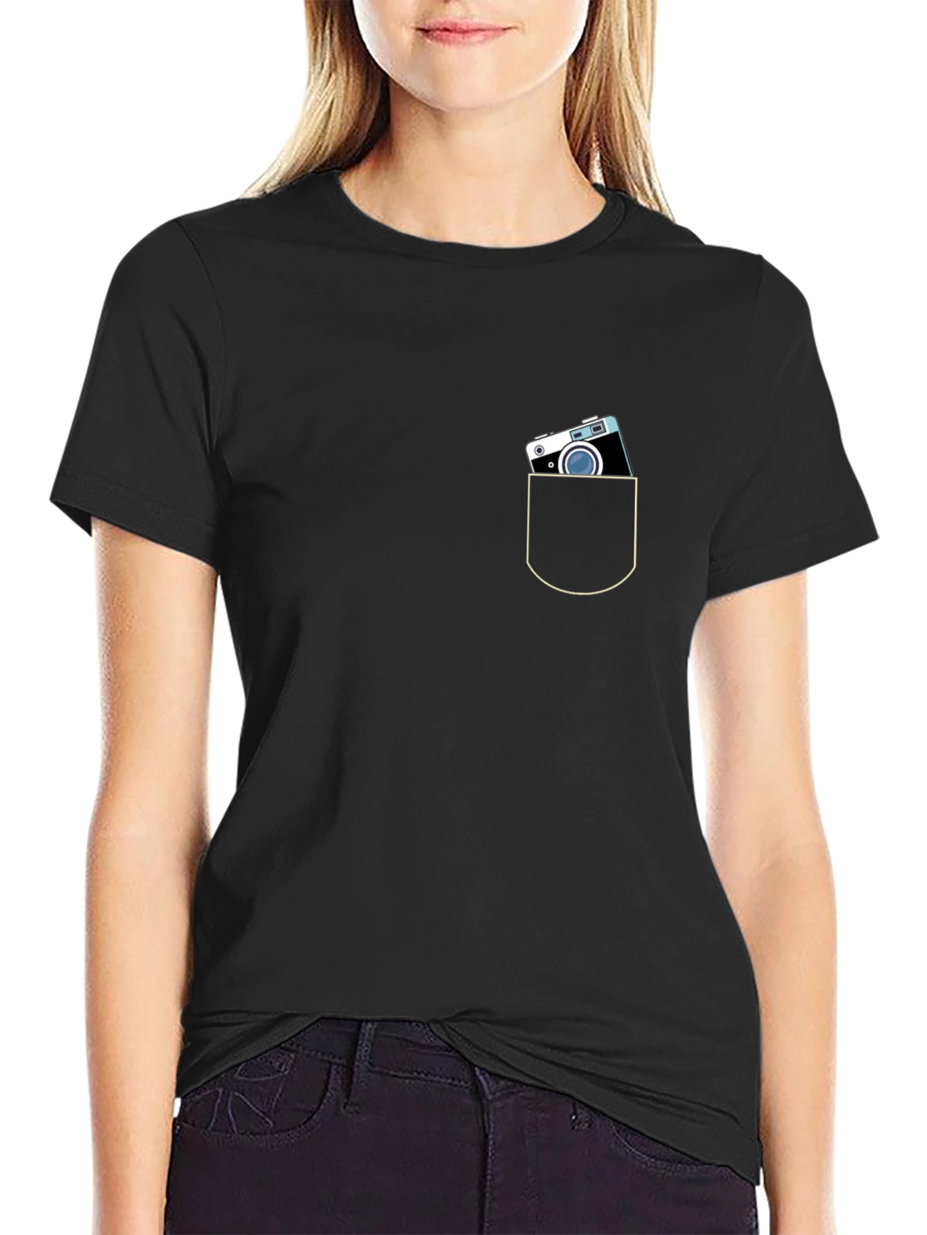 Retro Camera Pocket Black T-Shirt