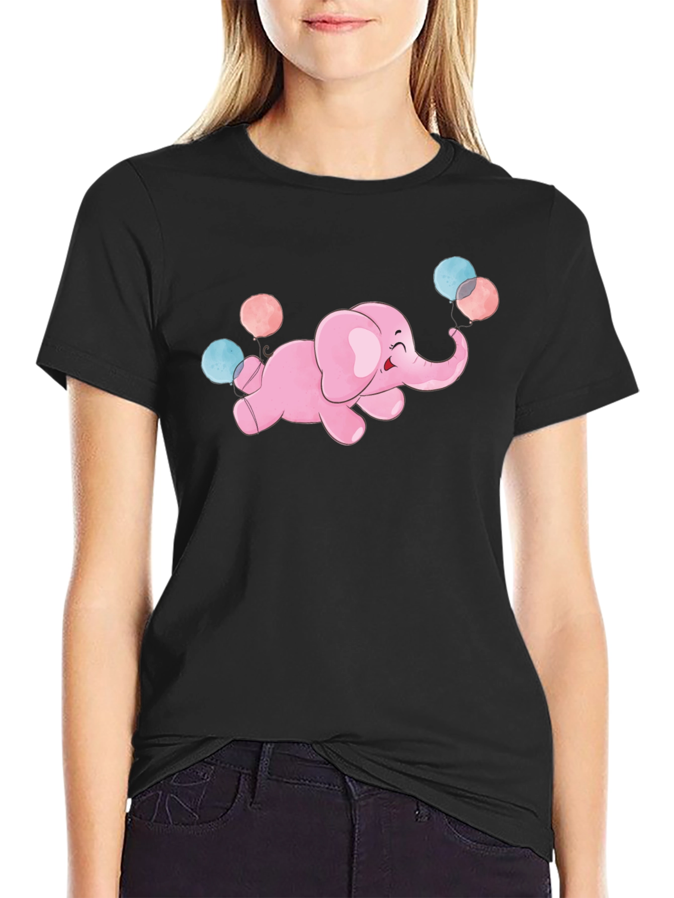 Cute Elephant Balloons Graphic Tee - Black
