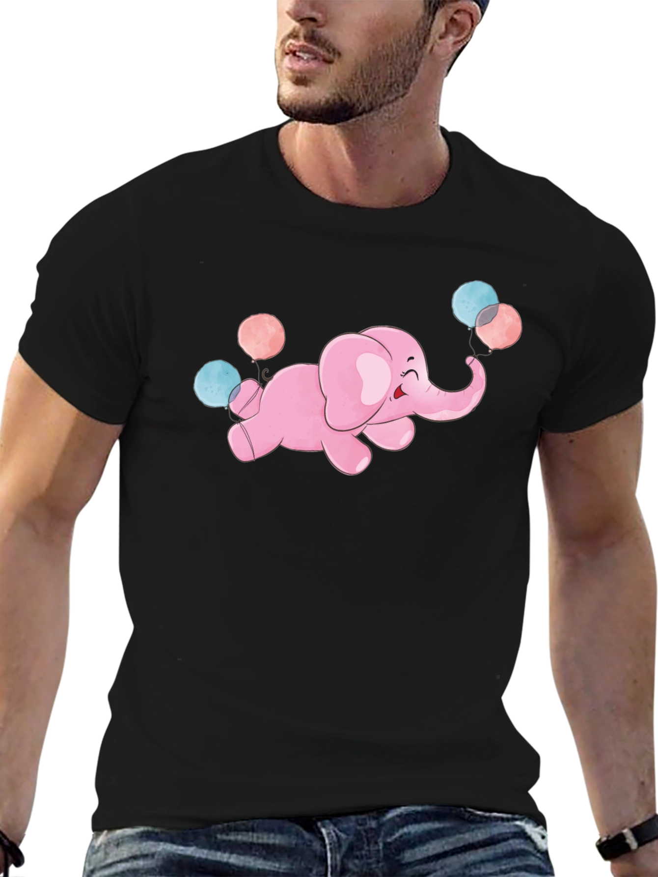 Cute Elephant Balloons Graphic Tee - Black