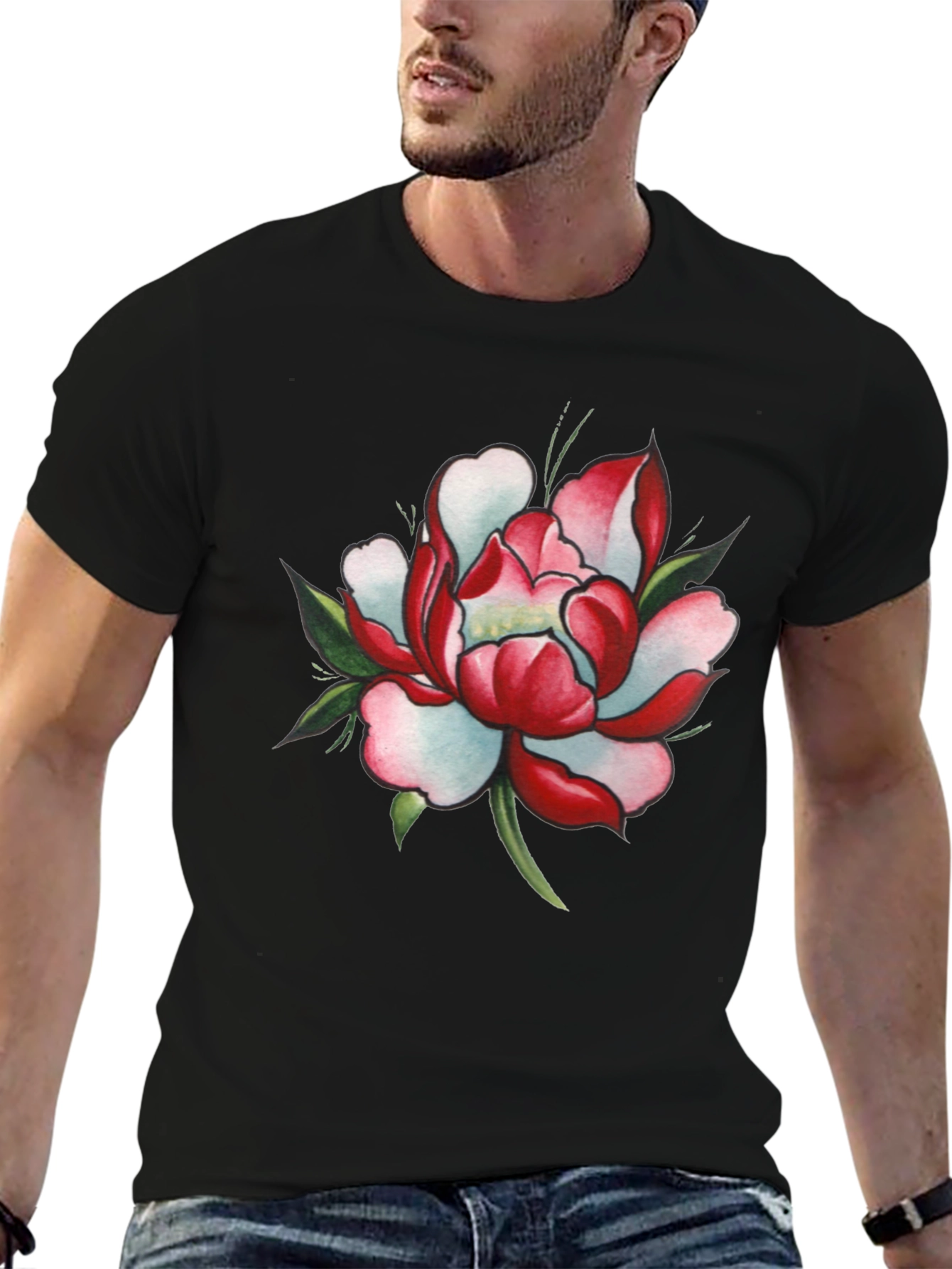 Black T-Shirt with Floral Design