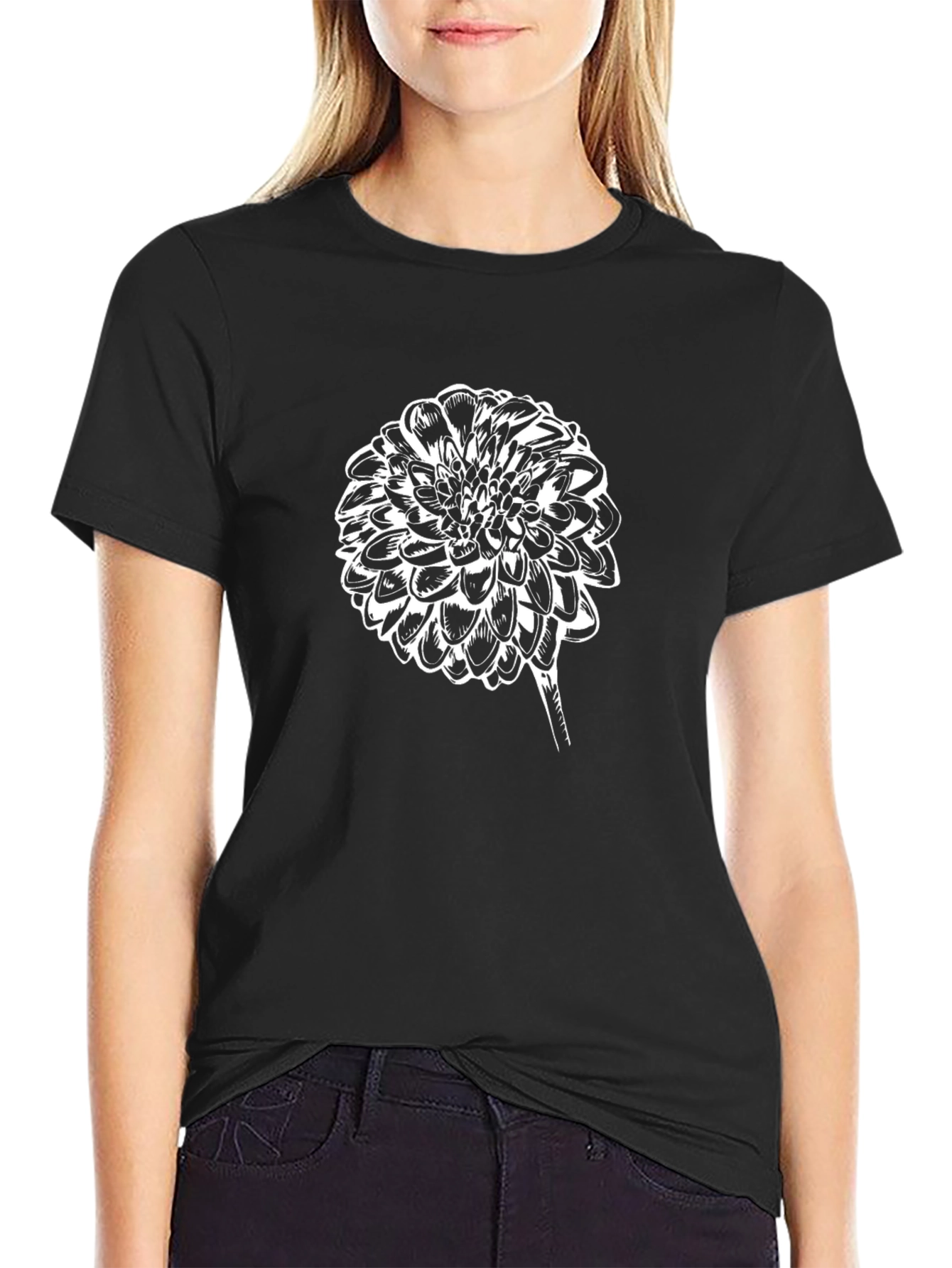 Black T-Shirt with Floral Graphic