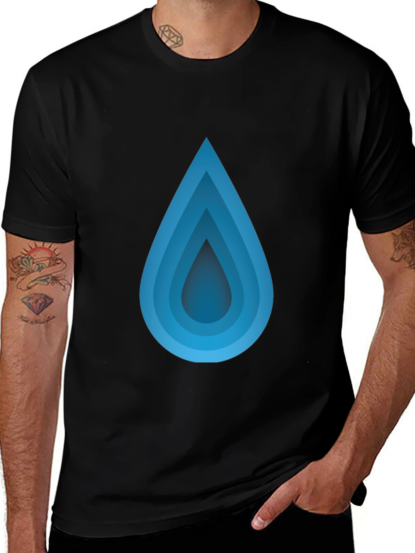 Blue Gradient Teardrop Black T-Shirt