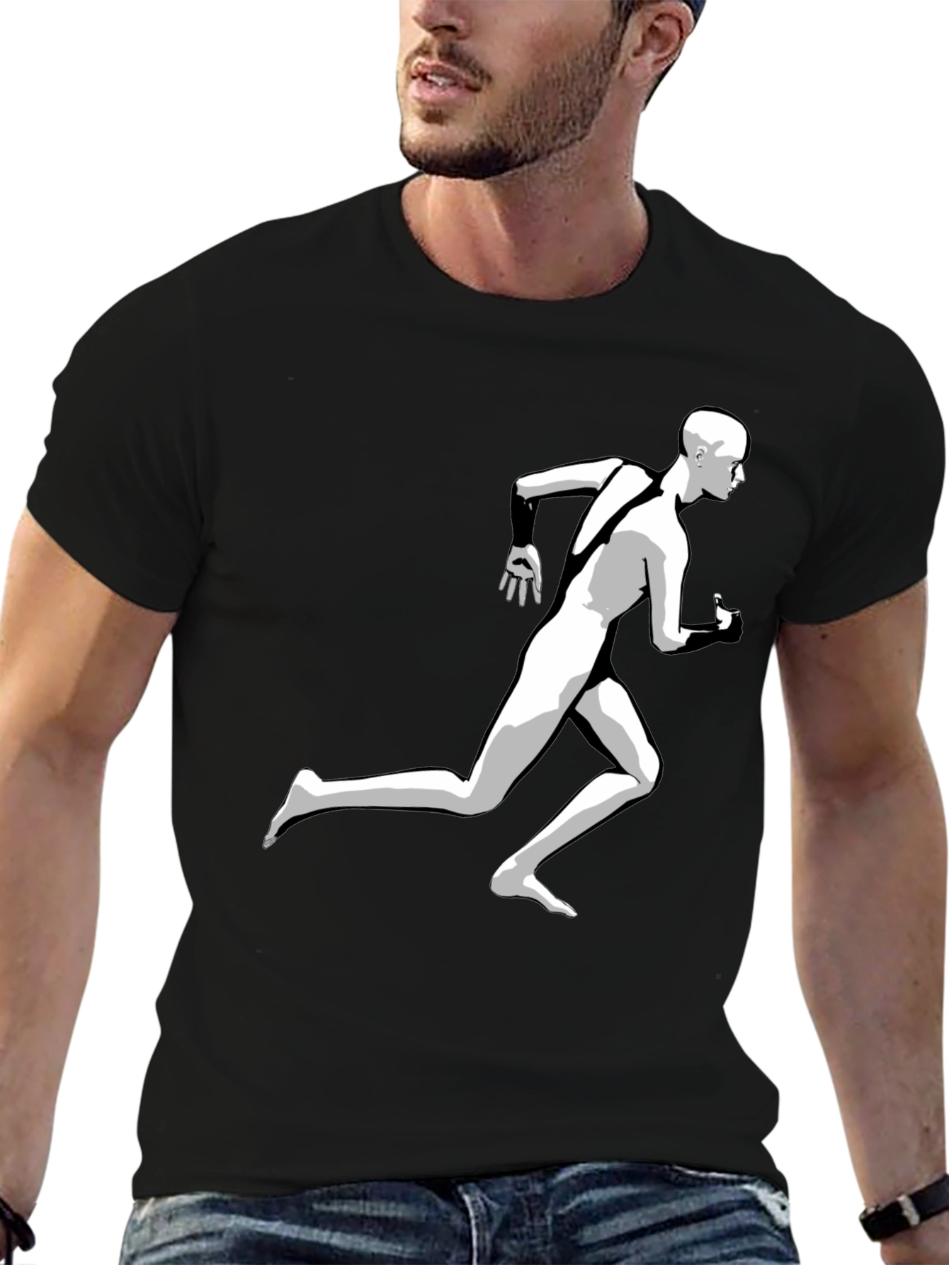 Running Man Graphic Tee - Black Cotton T-Shirt