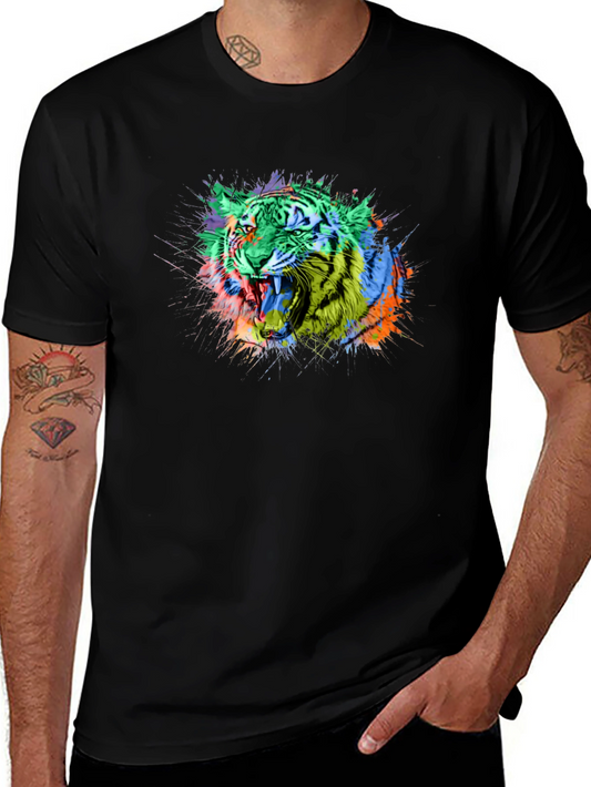 Colorful Tiger Graphic Print Black T-Shirt