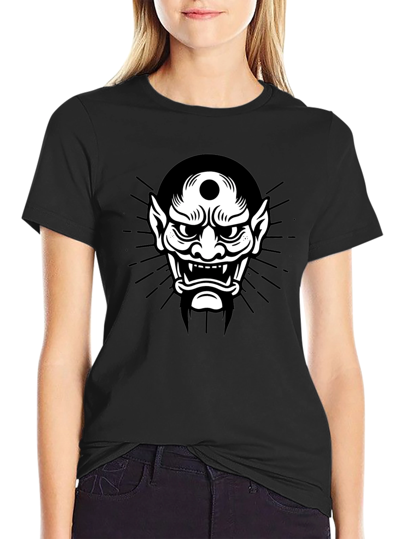 Black Tee with Japanese Oni Mask Graphic