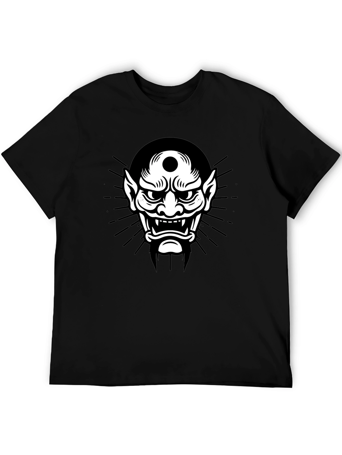 Black Tee with Japanese Oni Mask Graphic