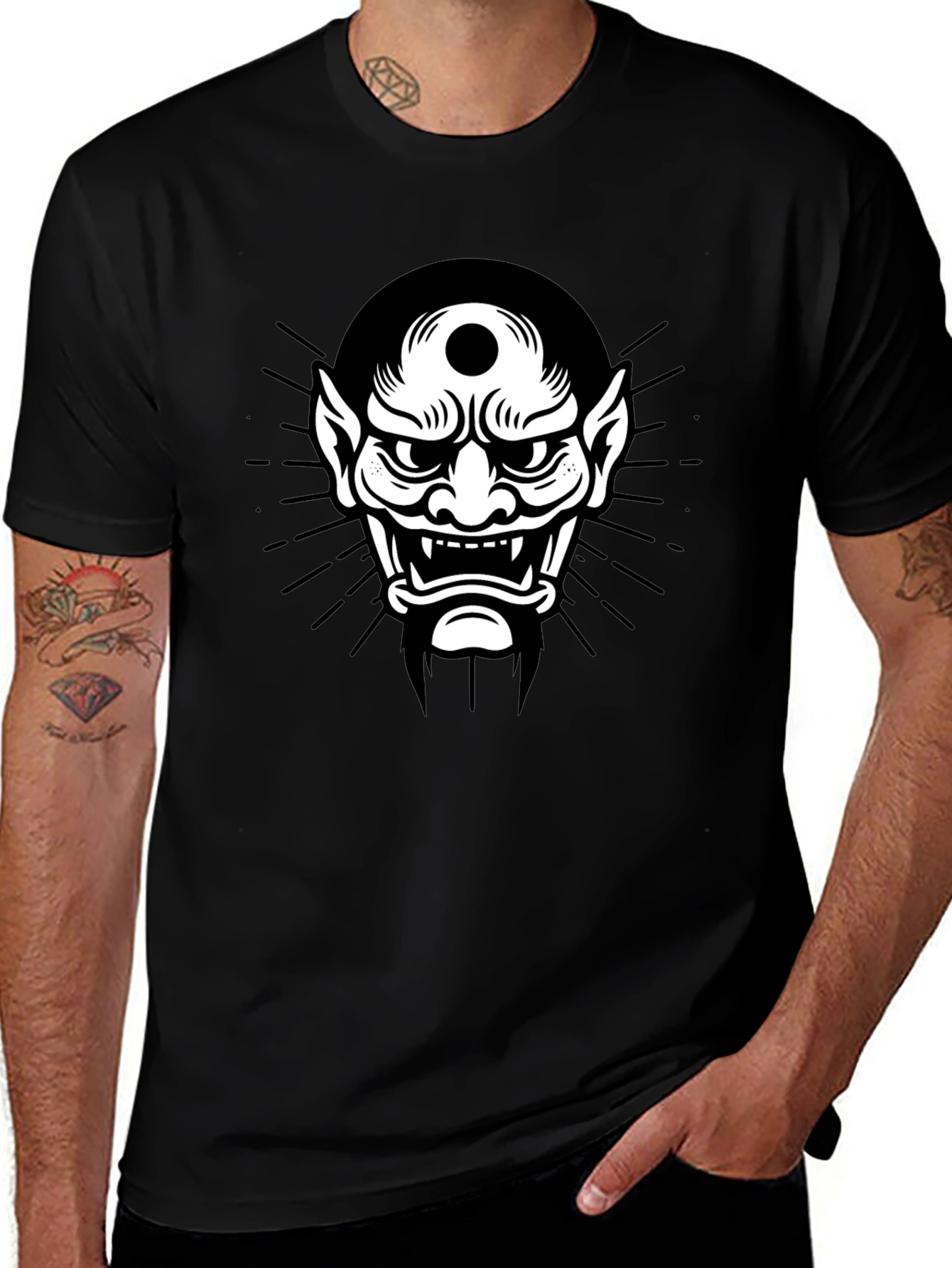 Black Tee with Japanese Oni Mask Graphic